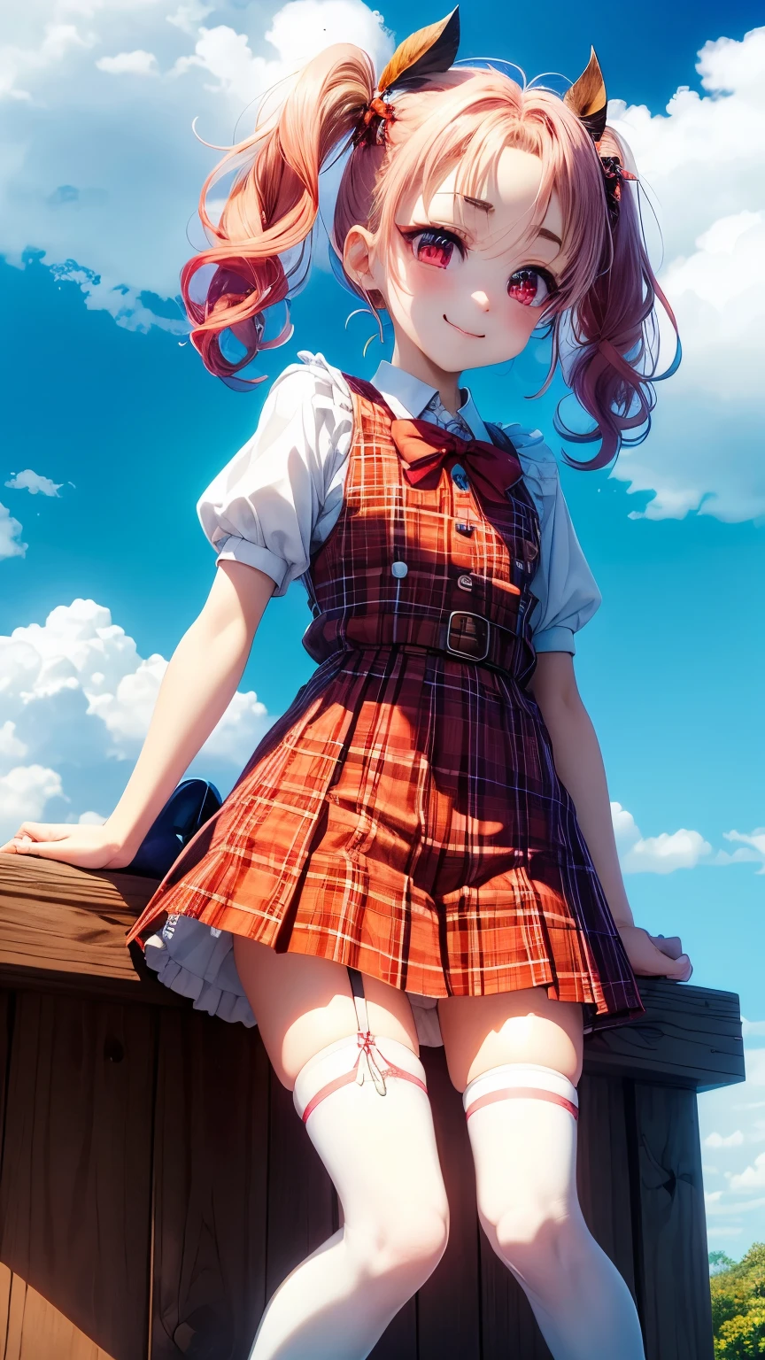 Very cute, rainbow-colored pigtails, round eyes, short eyebrows, short eyelashes, slightly upturned lips, small red tartan check one-piece skirt with shoulder straps, white zettai ryoiki knee-high socks, zettai ryoiki, sunny weather, blue sky, country road, smirk, cheerful,