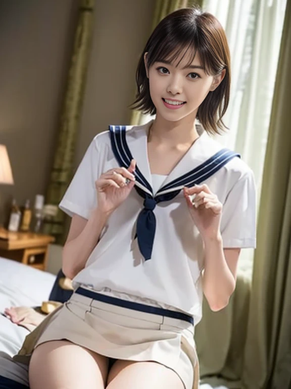 (Masterpiece, Best quality:1.4), (Ultra realistic, Photo-realistic:1.2), Natural light, 25 years old actress, Japanese women, Neat and clean, (Sailor suit, White short sleeve suit:1.2), (Dark navy skirt:1.3), (Dark navy ribbon:1.2), (Short wavy hair:1.1), Ponytail, Light brown hair color, (Beautiful Face), Oval face, clear, (Beautiful eyes, Kind eyes), (Clear skin), Small face, (Small mouth), (Beautiful mouth), Natural makeup, Approachable, Luxury hotel Suite room, On bed, Seductive smile, (Seductive pose:1.2), (Beautiful thighs:1.1), (Bedroom eyes), (lesbian couple:1.1), (petting together), obscene reality of girls, (crotch rub:1.1),