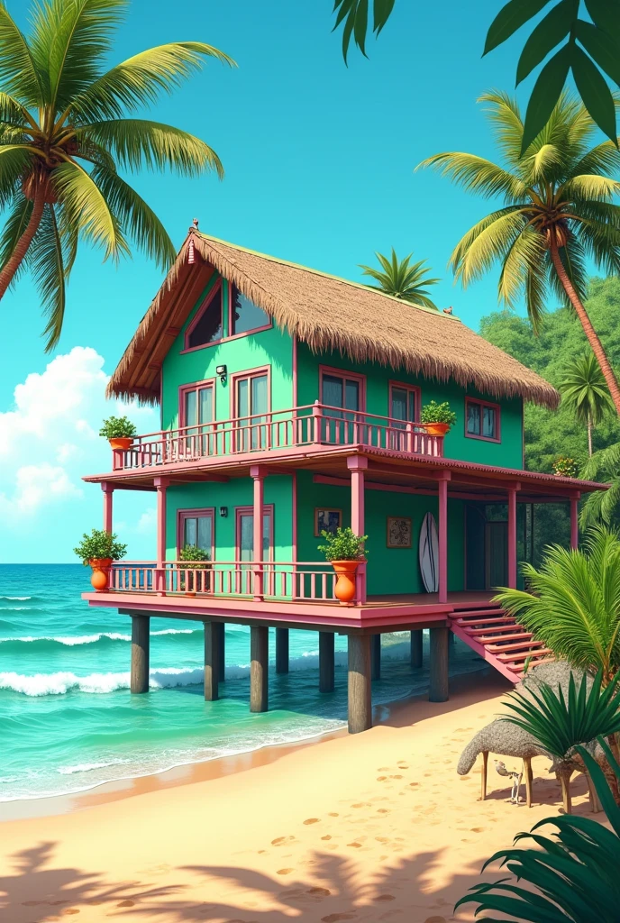 Gyaru HOUSE, Littoral beach house, stilt house green and pink , big family home, original roof