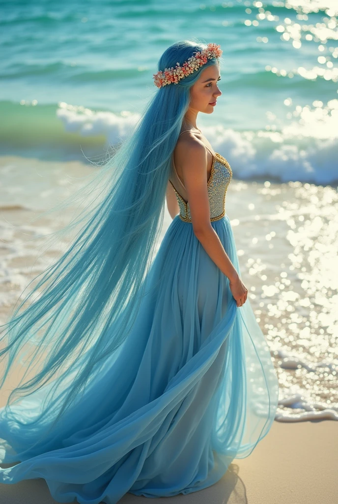 A beautiful girl with blue straight hair and an icy blue eyes, wearing a blue and gold gown with her pearl and coral headdress, walking on the beach's shore.