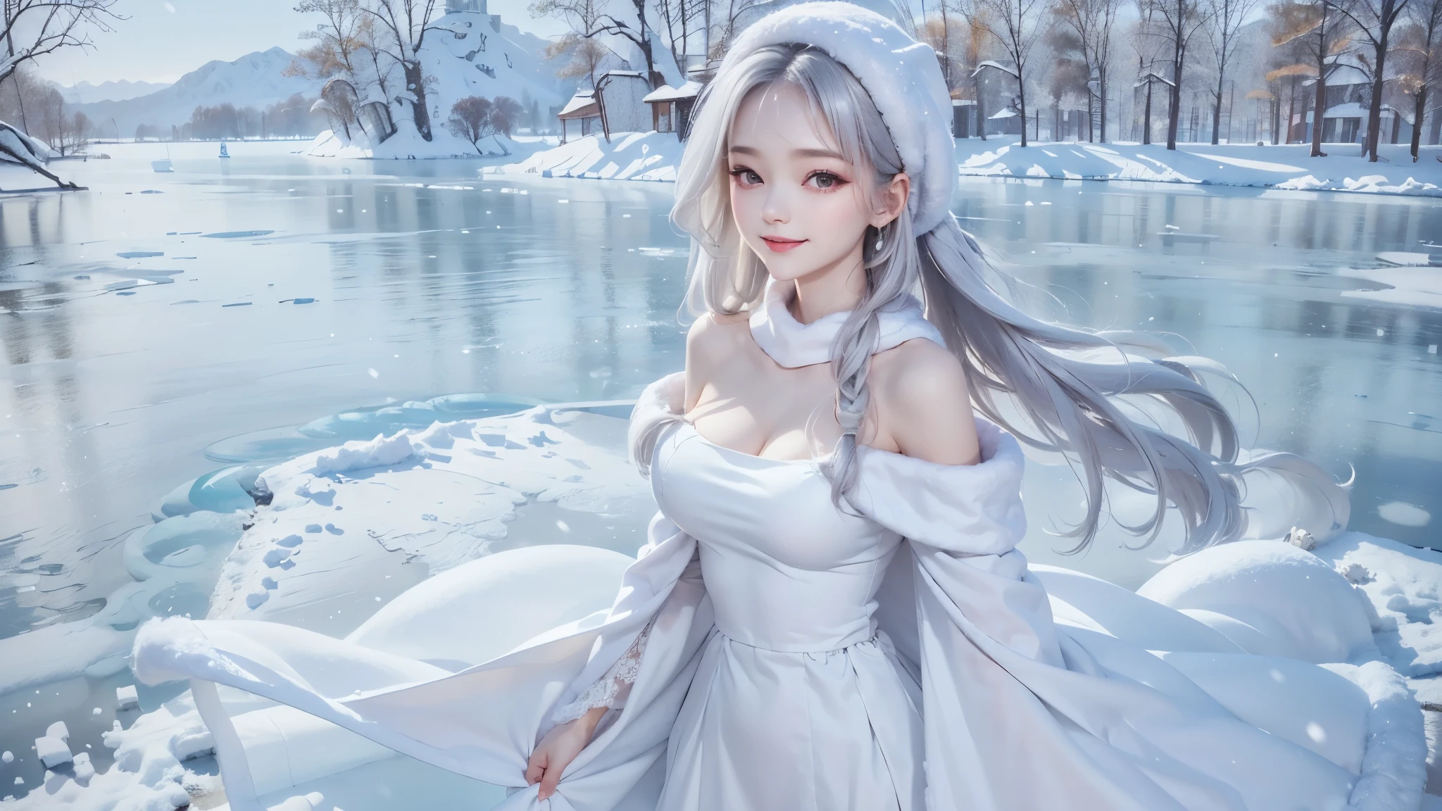 masterpiece、Highest quality、1 girl, winter, silver hair, Cute girl, smile, close mouse, large breasts, sideboob:1.4, white dress, off shoulder winter clothes, long skirt, Fur coat、Small waist、Thin legs、outdoors, front of the lake, snow falling, Prayer Pose, join hands, from front
