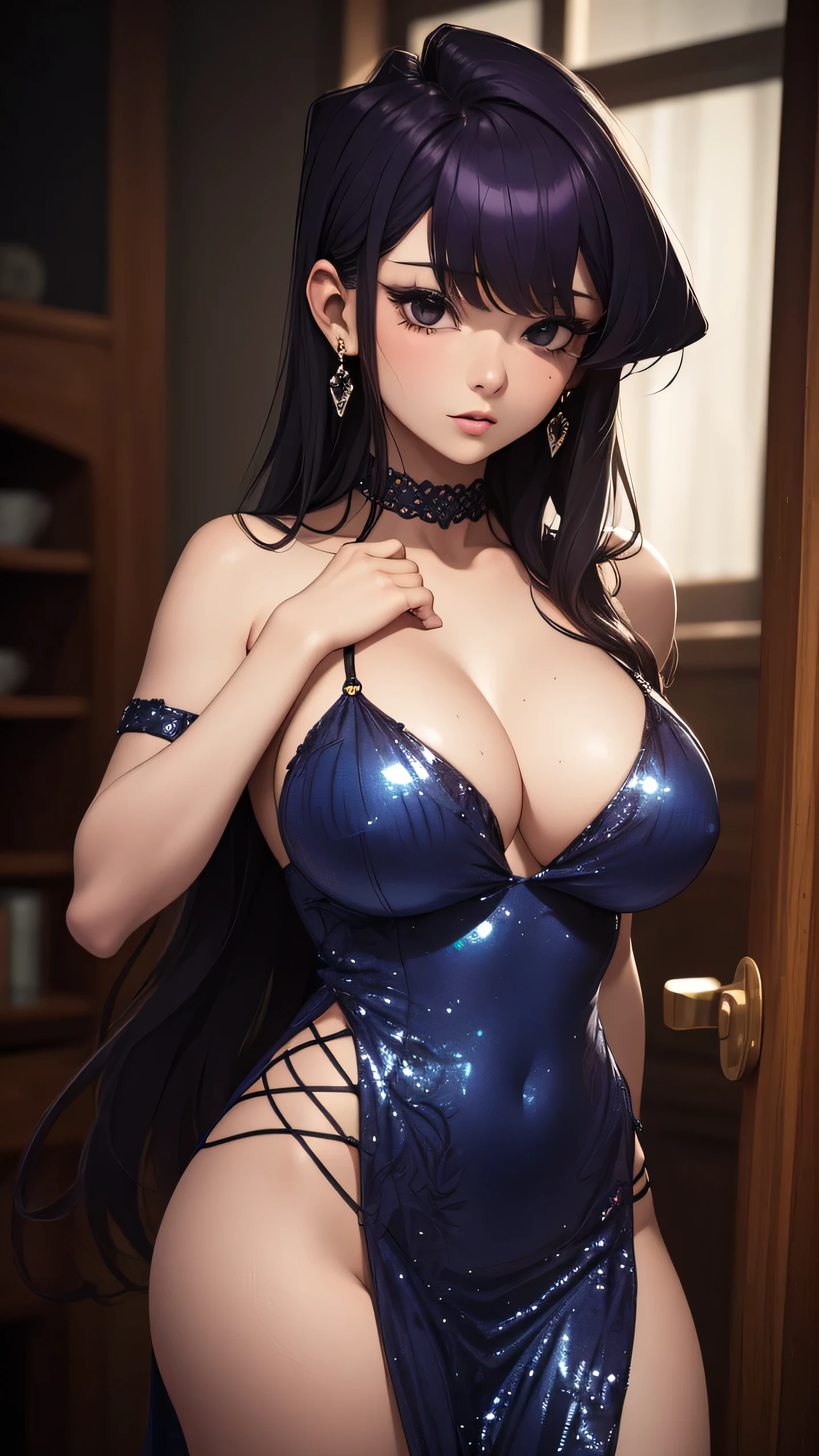 Best quality, masterpiece, realistic, Komi Shouko, Beautiful sexy cool tall, slim, fit woman, wearing sexy short fancy silver-blue sequin dress, intricate and highly detailed, big breasts, deep cleavage, bob purple hair, earrings, choker, body chain, jewelry