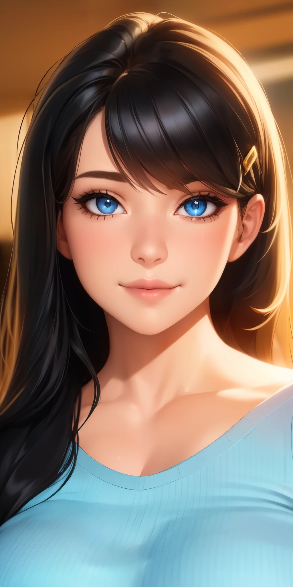 (best quality, ultra-detailed, photorealistic: 1.39), bright and vibrant colors, studio lighting, romantic expression, An effeminate girl, with a delicate and beautiful face. She is a girl who reflects seductive beauty, sparkling eyes, extremely beautiful woman, calm smile, simple blouse, short denim shorts, she is a modern upper-class woman from society, long wavy black hair with clip, she is in love