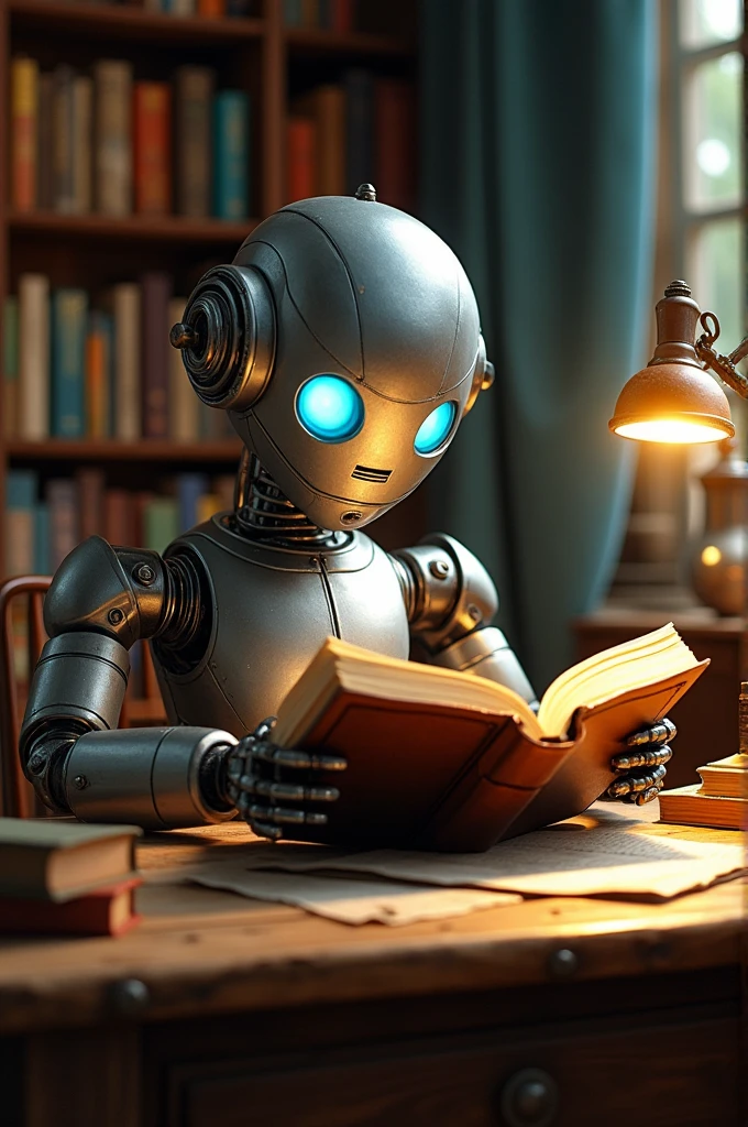 A robot sit on the table and reading books