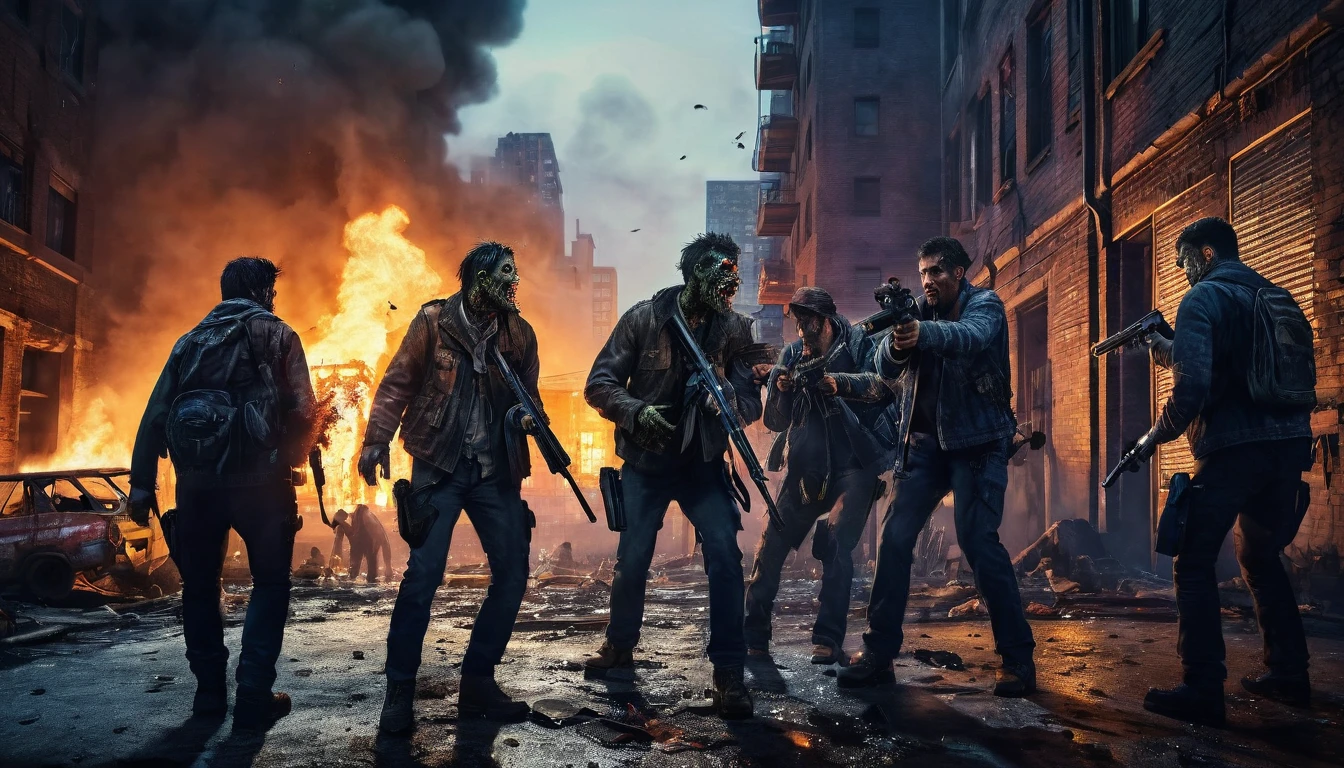 a 27 year old man with 3 childhood friends, surviving a zombie apocalypse at night, shooting guns in a burning city with buildings, (best quality,4k,8k,highres,masterpiece:1.2),ultra-detailed,(realistic,photorealistic,photo-realistic:1.37),hyperrealistic, dystopian, gritty, cinematic lighting, dramatic shadows, vibrant colors