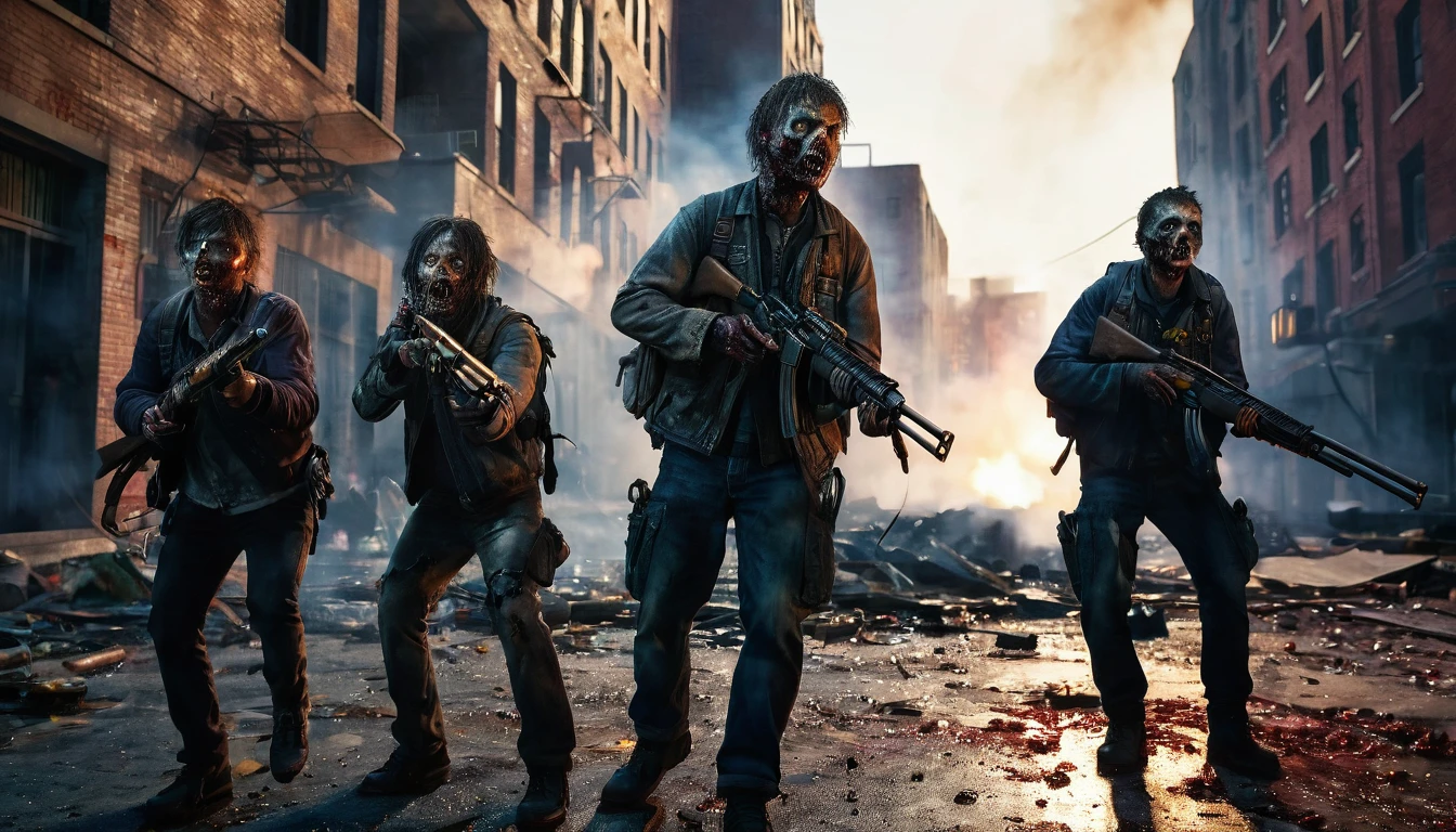 a 27 year old man with 3 childhood friends, surviving a zombie apocalypse at night, shooting guns in a burning city with buildings, (best quality,4k,8k,highres,masterpiece:1.2),ultra-detailed,(realistic,photorealistic,photo-realistic:1.37),hyperrealistic, dystopian, gritty, cinematic lighting, dramatic shadows, vibrant colors