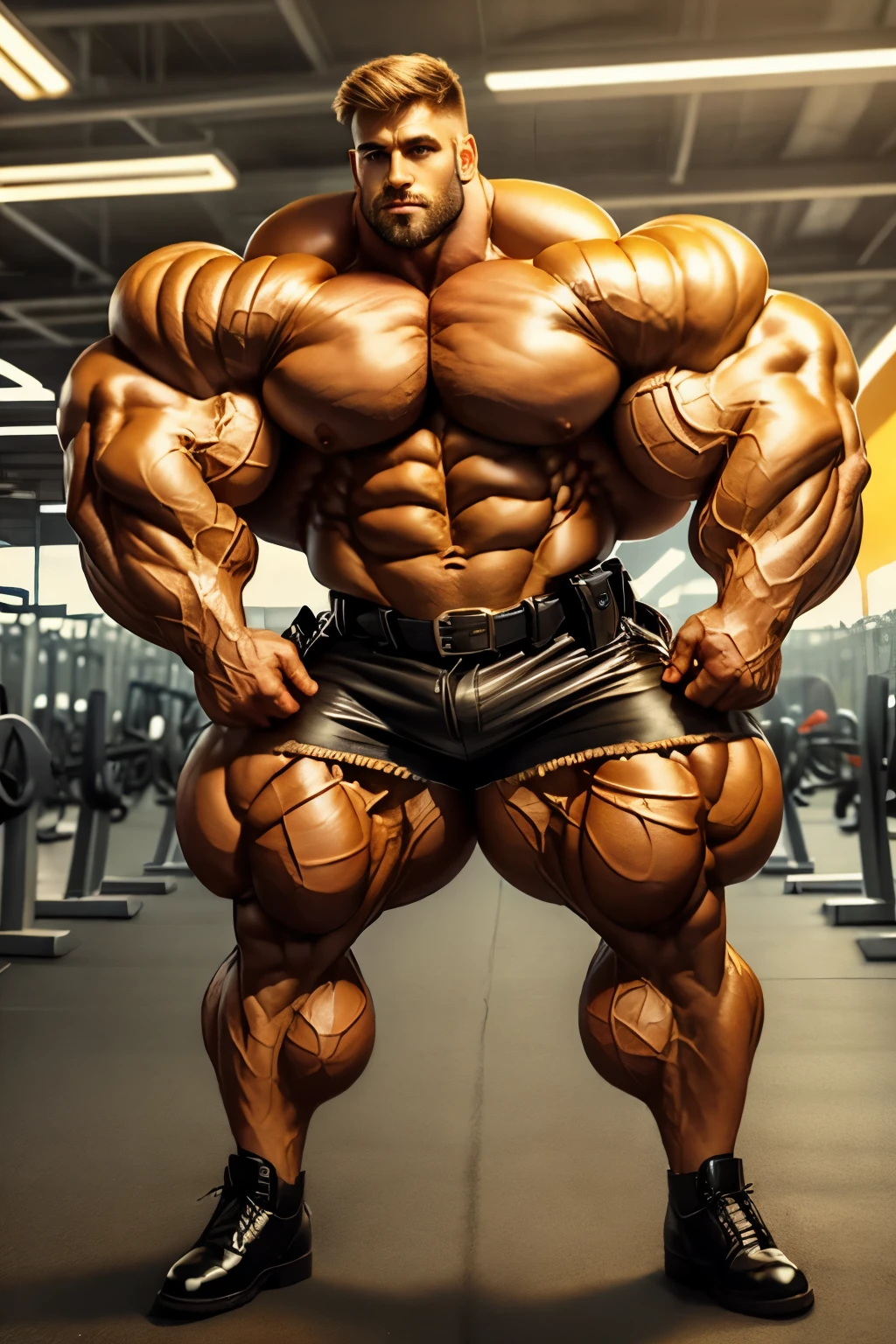 german cop in leather shorts, handsome bulky muscular man, hyper muscles, sexy virile face, brutalmass