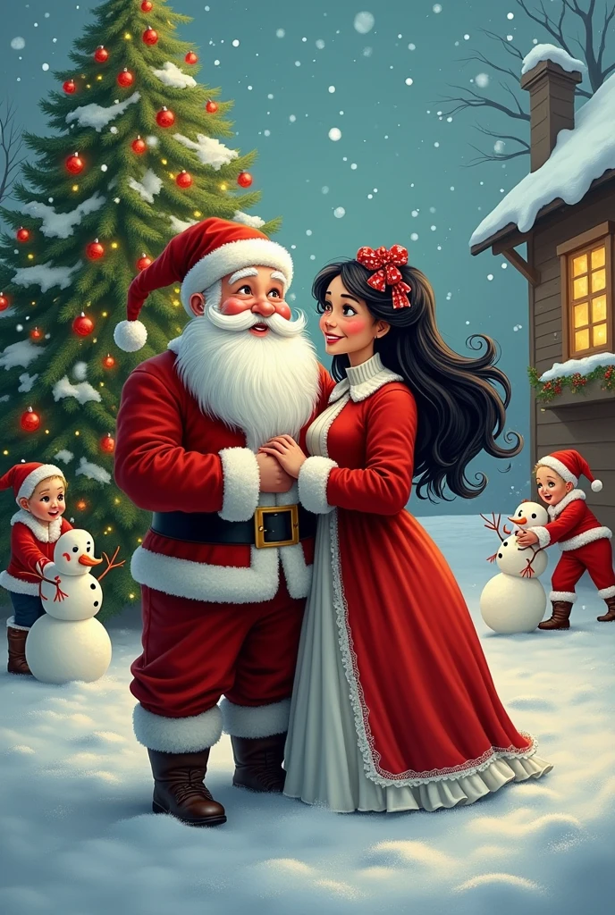 Santa Claus with his plump wife black hair candy canes snowman snowflakes elves Christmas tree 