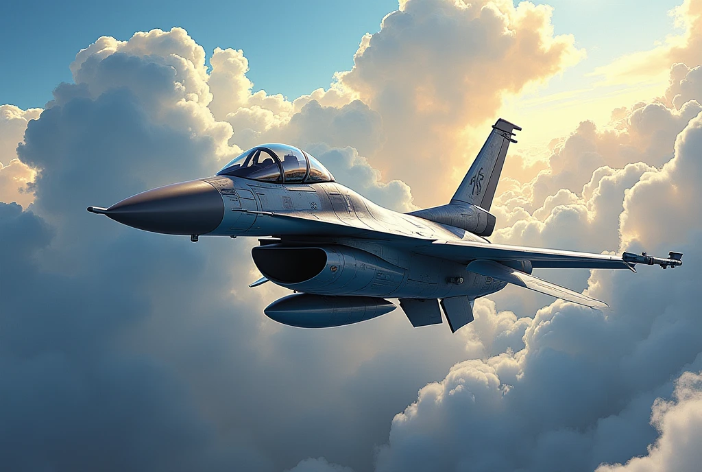 "Create a detailed and dynamic illustration of an F-16 Fighting Falcon fighter jet in action. The scene should capture the jet in mid-flight with its wings angled, demonstrating agility and speed. The background should be a dramatic sky with clouds, suggesting high altitude and intense movement. Highlight the jet's sleek design, sharp angles, and distinctive features such as the nose cone, engine intake, and tail fins. Use vibrant colors to emphasize the jet’s modern military camouflage or a striking, futuristic paint scheme. The overall composition should convey power, precision, and the advanced technology of the F-16."