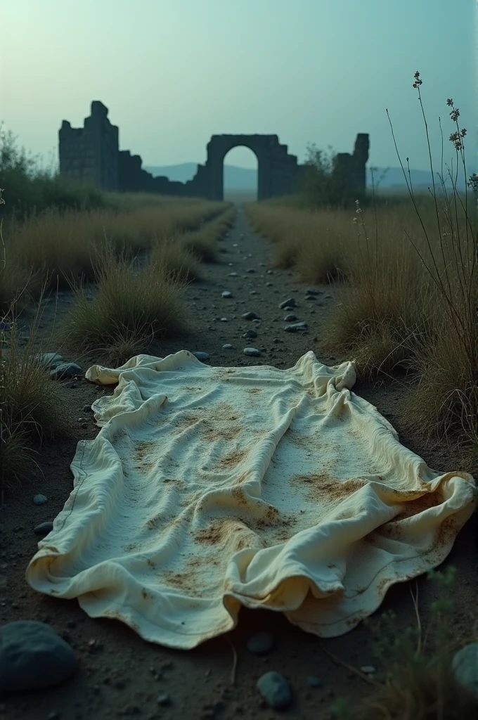 The fabric is stained with dark patches, and it looks ancient and worn out, lying eerily in the open."