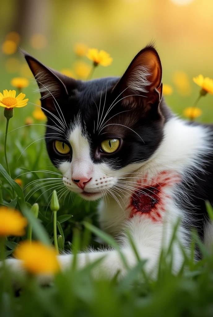 Close-up of an injured black-and-white cat, with matted fur and a visible gash on its side, lying in the grass.