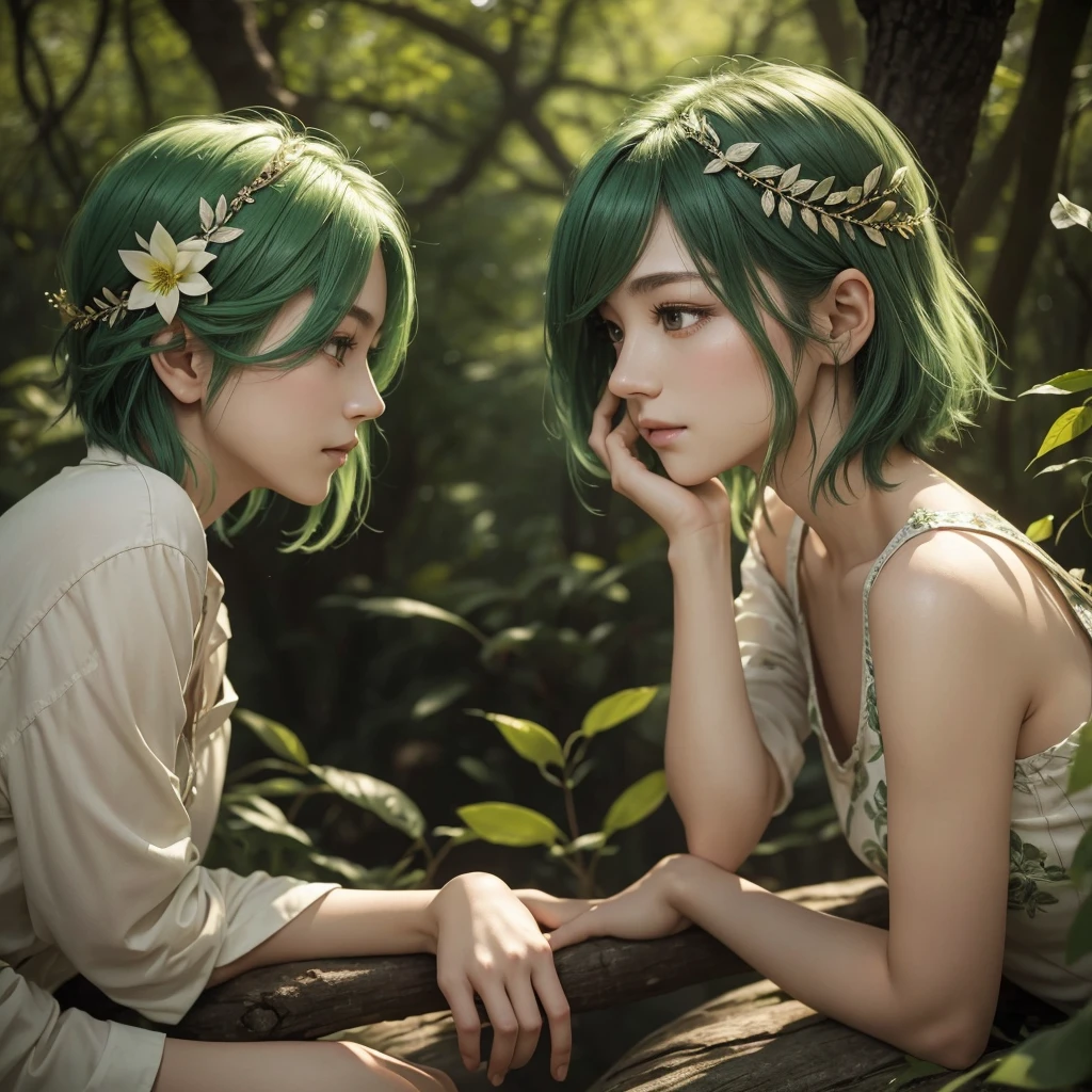 one is a leaf fairy with flowing green hair、Delicate feathers resembling leaves and flowers、eyes that radiate the vitality of nature。Woman in her early 20s、the other has short hair that reaches her shoulders。Actually, 30 years old。face is androgynous with short, practical hair、natural brown。slender、The chest is small、He is short。The clothes are practical、dressed like a country boy、a woman wearing shorts and a simple shirt、The background is a forest、Strongly blur the background