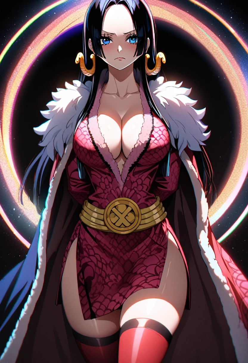 (((boa hancock))), ((one piece)), black hair, blue eyes, detailed coloring, detailed high quality, chromatic aberrations, ultra detailed quality skin, detailed ray tracing lighting, round shape face, big tits, (thick thighs), ((thigh highs)), ulzzang, ((cleavage)), (red panties), ((straight on)), (black background), arms behind back, 