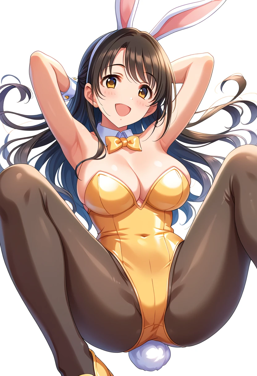 score_9, score_8_superior, score_7_superior, sauce_anime BREAK pinsuperior of 1girl, Gusuku Kuruku, , Long Hair, White bunny ears, two side superior, bangs, Put your hands behind your head, blush, Open your mouth, smile, Detachable white collar, orange bowtie, clavicle, Exposing shoulders, Large Breasts, Cleavage, Sexy pose,Yellow Playboy Bunny, White wrist cuffs, Blue strapless leotard, White rabbit tail, Black Pantyhose, Yellow footwear, Spread your legs wide,Showing your crotch to the audience, View your viewers, alone, Simple Background, White Background,