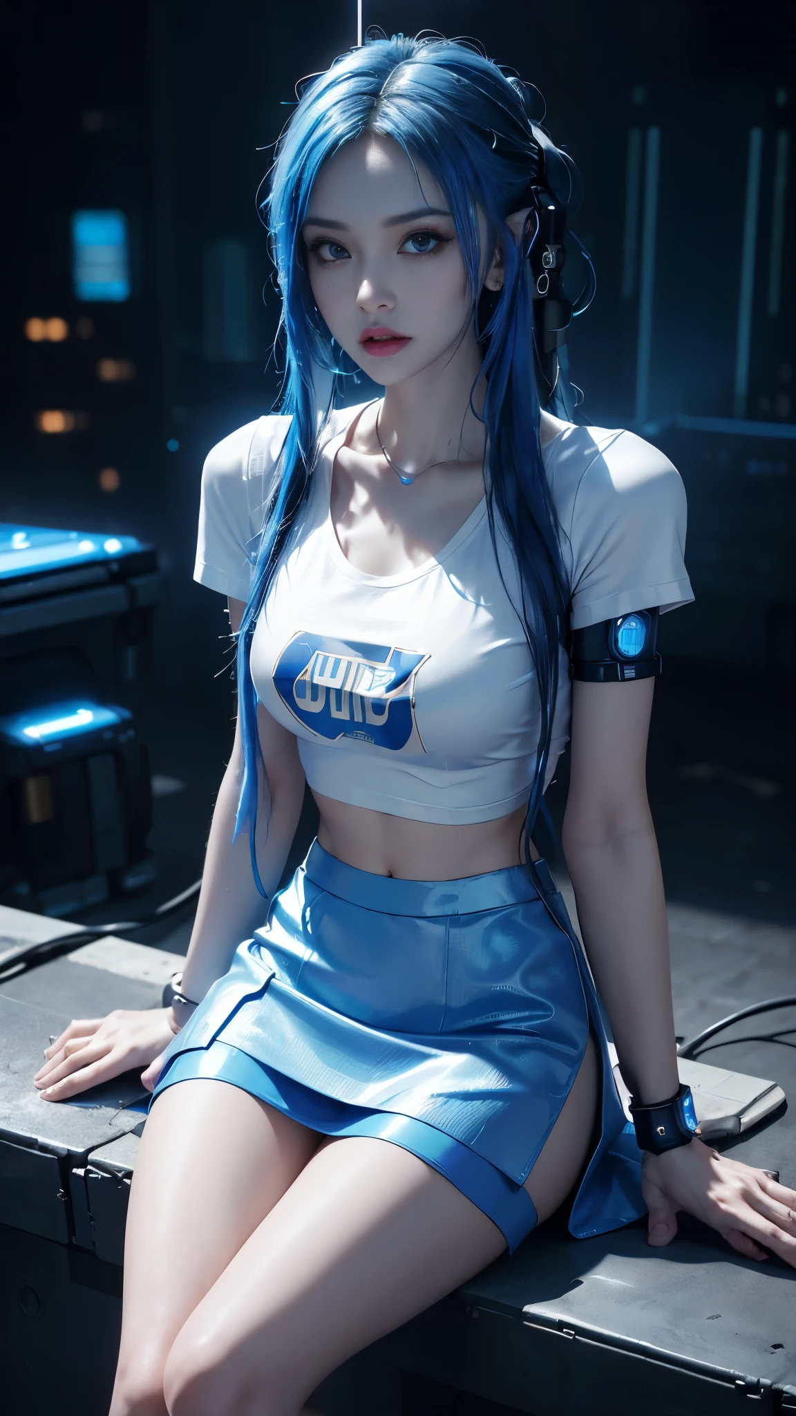 (masterpiece:1.2), best quality, highres, original, (extremely detailed:1.2), ultra-detailed, wallpaper, perfect lighting,(extremely detailed CG:1.2), 8k, anime illustration, 1boy, cross-dressing, long hair, light-blue hair, (cyberpunk fashion, short-sleeved T-shirt, knee-length skirt, lace hemline, delicate clothes, flat chest:1.2), flying a high-tech aircraft, futuristic city background, sci-fi city, (anatomically correct: 1.3)