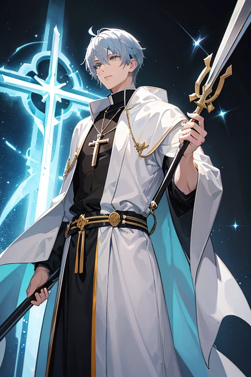 30-year-old priest have short, messy silver-blue hair and eyes of the same color. He is a tall and muscular man, wearing a Holy Knight's robe with a cross on his chest, wearing a golden crucifix necklace and holding it. a spear in his hand