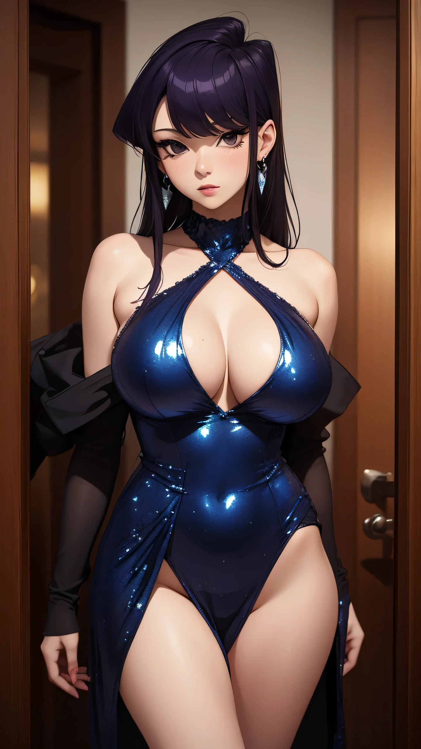 Best quality, masterpiece, realistic, Komi Shouko, Beautiful sexy cool tall, slim, fit woman, wearing sexy short fancy silver-blue sequin dress, intricate and highly detailed, big breasts, deep cleavage, bob purple hair, earrings, choker, body chain, jewelry