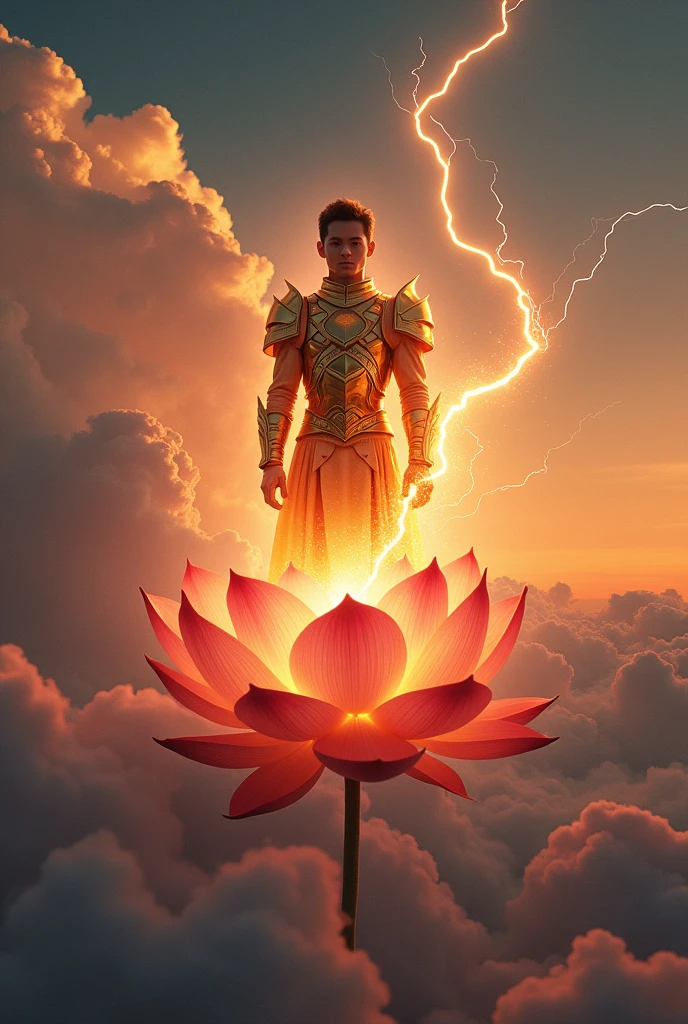 The sky is filled with gradient of orange and blue in the evening time, a great luminescent lotus is floating in the air, atop which young man is floating in the air covered in golden Armor and engulfed by an aura of red fiery fire and and black lightning. Portrait image.