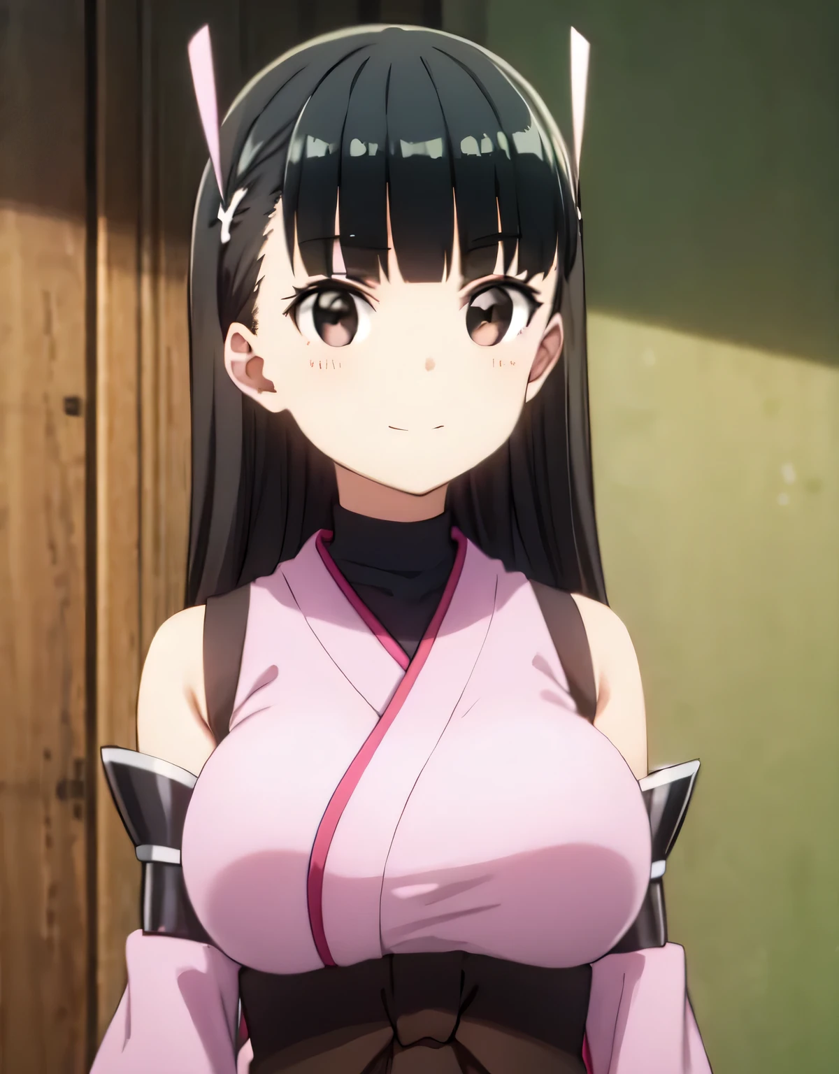 kasumi,long hair,black hair,ribbon,hair ribbon, bangs,blunt bangs,(brown eyes:1.5),detached sleeves,japanese clothes,bare shoulders,outdoors,smile,(large breasts:1.55),(shiny,hair),((solo)),((masterpiece)),((best quality)),perfect anatomy,slim waist,perfect image,8k UHD,(beautiful detailed eyes:1.5),extremely detailed face,standing,(upper body:1.25),(look at the front:1.5),arms behindback,ultra-detailed,absurdres,highres,