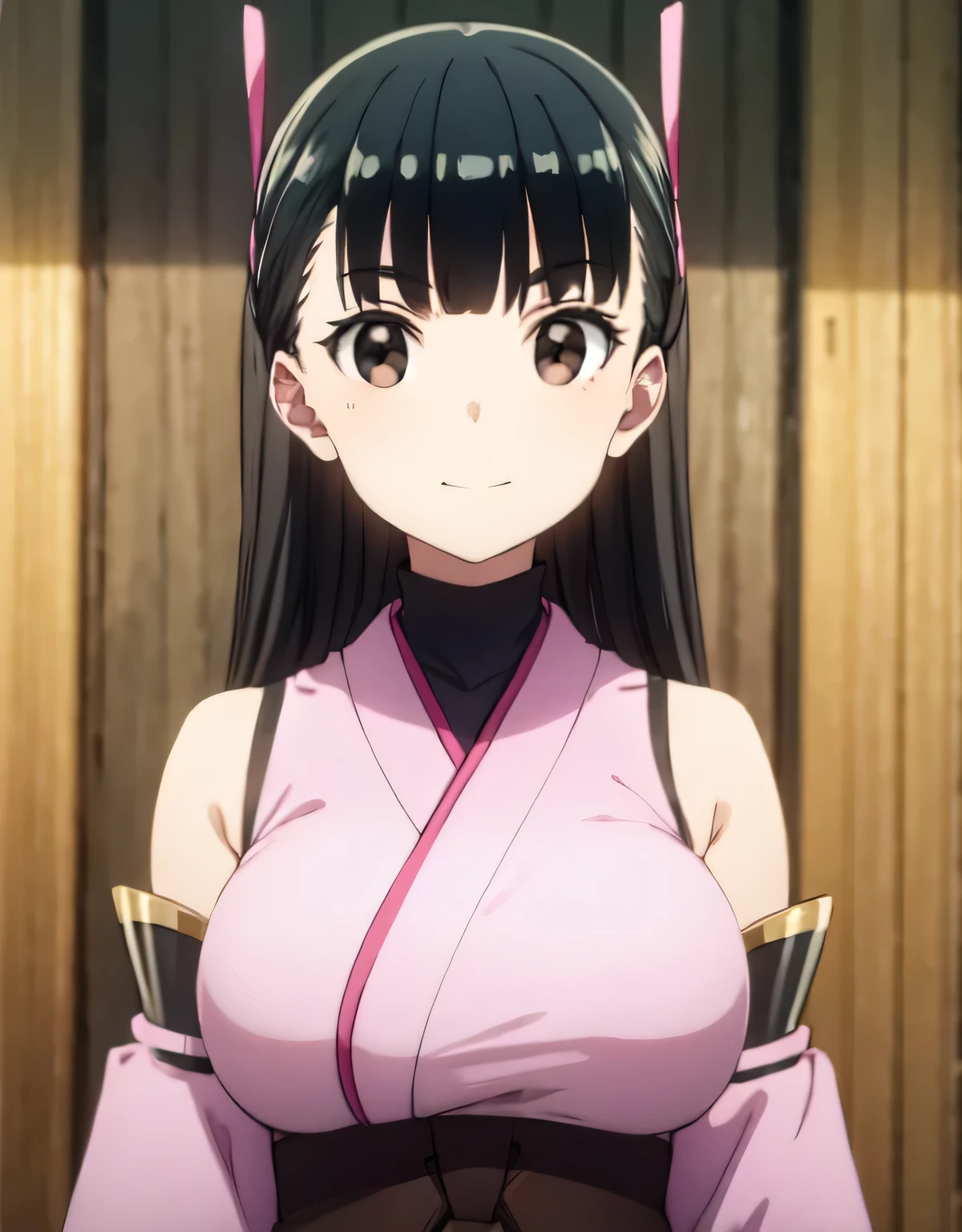 kasumi,long hair,black hair,ribbon,hair ribbon, bangs,blunt bangs,(brown eyes:1.5),detached sleeves,japanese clothes,bare shoulders,outdoors,smile,(large breasts:1.55),(shiny,hair),((solo)),((masterpiece)),((best quality)),perfect anatomy,slim waist,perfect image,8k UHD,(beautiful detailed eyes:1.5),extremely detailed face,standing,(upper body:1.25),(look at the front:1.5),arms behindback,ultra-detailed,absurdres,highres,