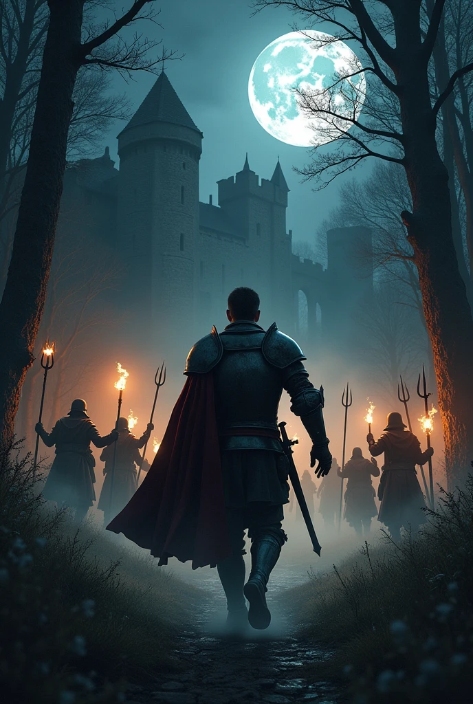 A strong and handsome knight, turned his back to the castle and run into the forest while injured.  his left hand holding his right shoulder. At night, Behind him were farmers holding torches and trident, chasing him to the forest.
