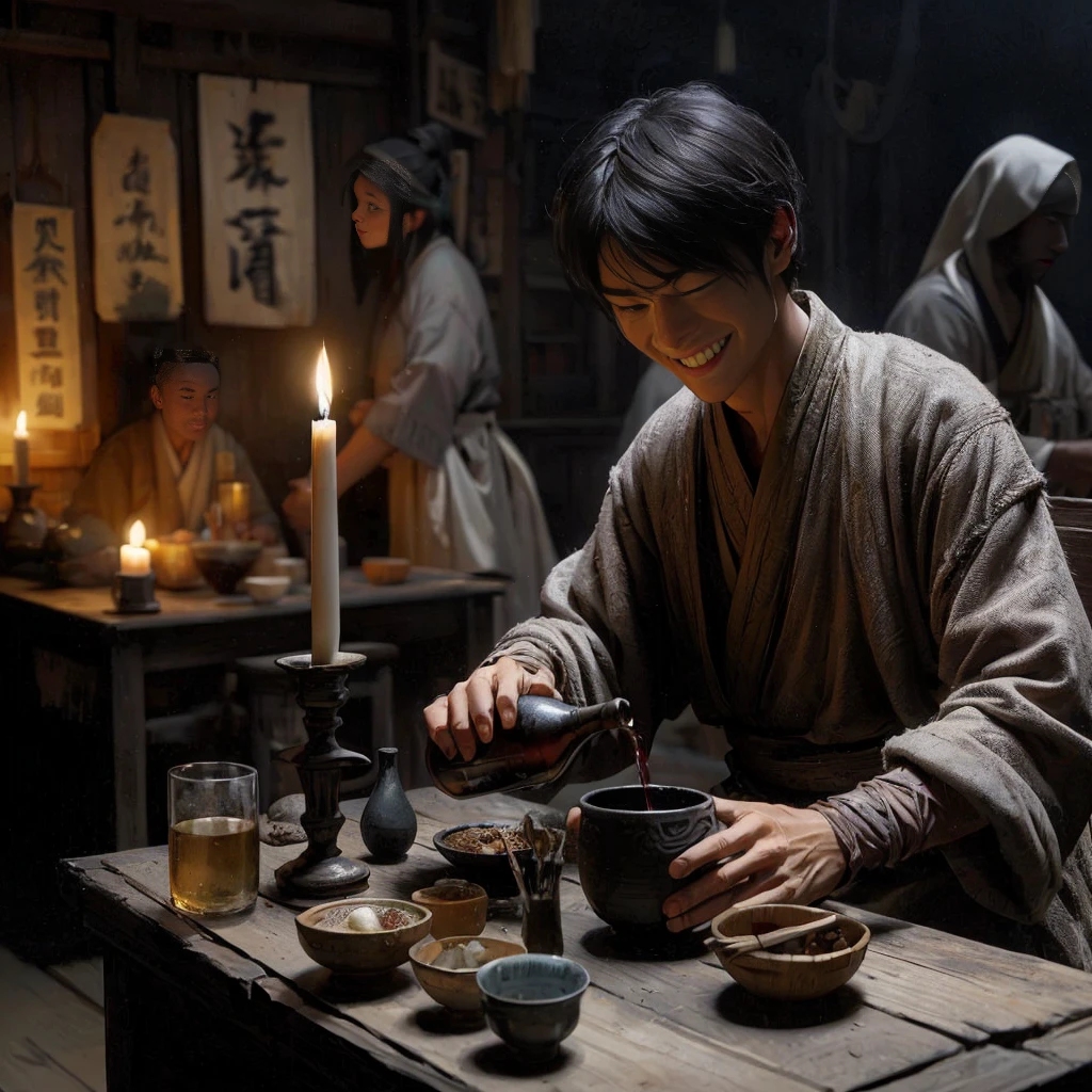 (masutepiece:1.2), (Best Quality:1.2), (high resolution:1.2), (beautiful face and eye:1.2), (sharpest focus:1.2), (Ultra-realistic Photo:1.2), (Ultra-precise Photo:1.2), (Depth of field:1.2), (perfect anatomy:1.2), (nice hands:1.2),
(perfect hands:1.2), (Young master of a poor saloon in Song dynasty China:1.2), (Walking with a simple wine and food tray and a crude candlestick:1.0), (Horrified and cruel smile:1.5), (Hunchback:1.1), (Very dark room:1.5),