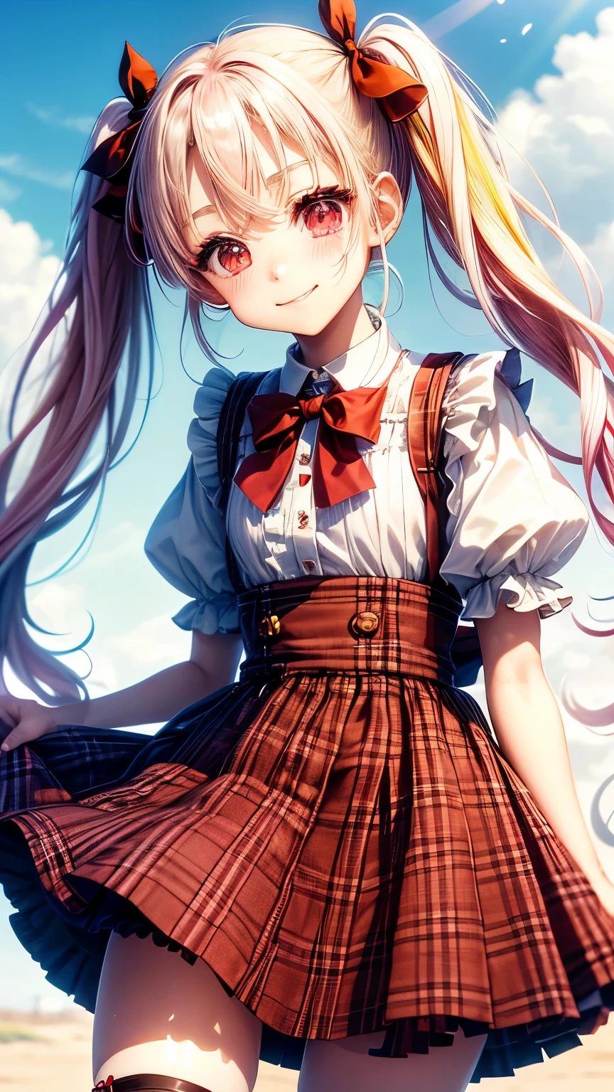 Very cute, rainbow-colored pigtails, round eyes, short eyebrows, short eyelashes, slightly upturned lips, small red tartan check one-piece skirt with shoulder straps, white zettai ryoiki knee-high socks, zettai ryoiki, sunny weather, blue sky, country road, smirk, cheerful,