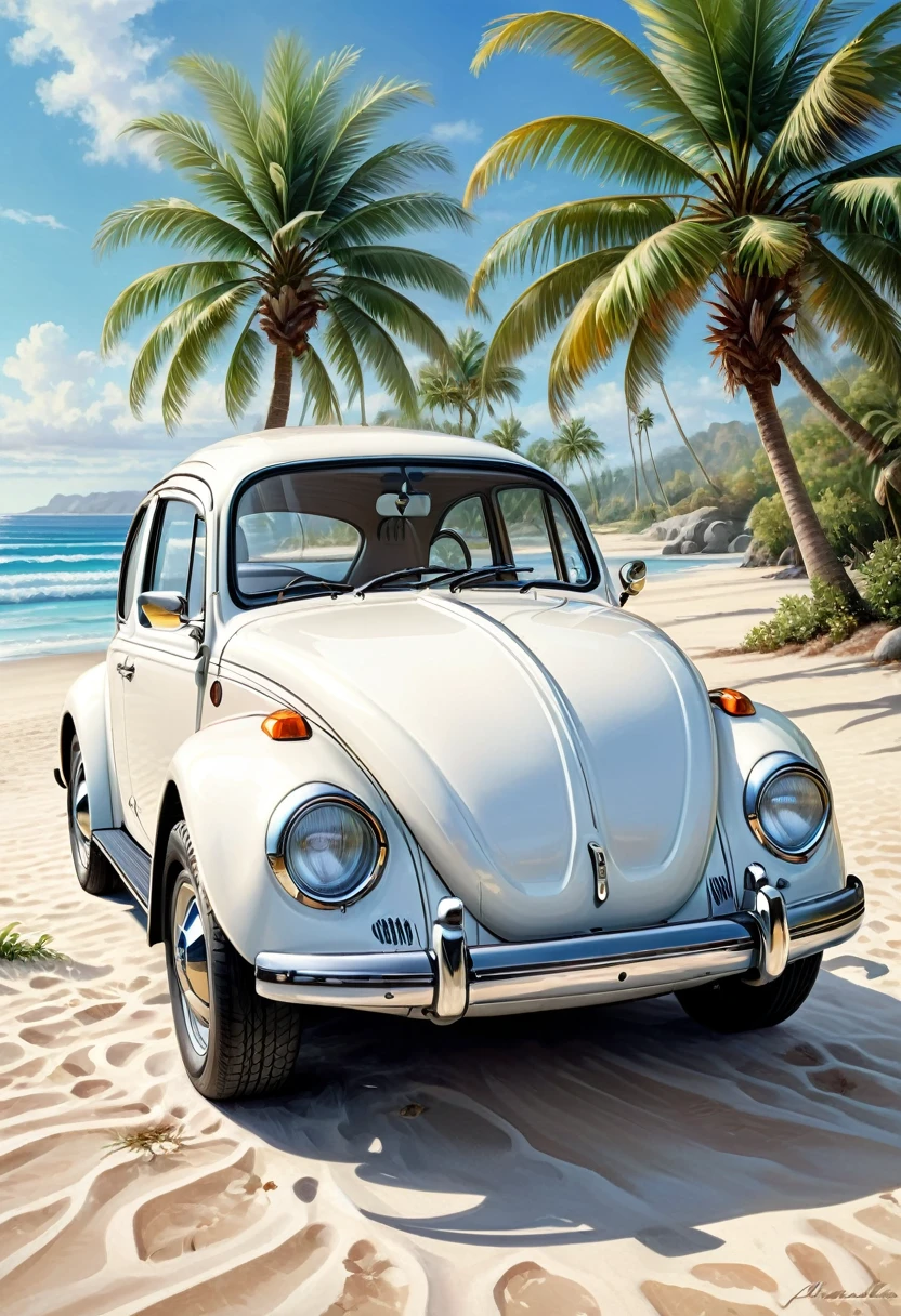 Vintage car, white beetle, a realistic image of a classic Volkswagen Beetle car. High quality ( perfect anatomy ) very detailed, realistic, delicate, high quality
Background, fresh morning, beach, palm trees, high resolution, masterpiece, super detailed, realistic, exquisitely detailed, fresh and elegant aesthetic style airbrush digital oil painting exquisite artwork