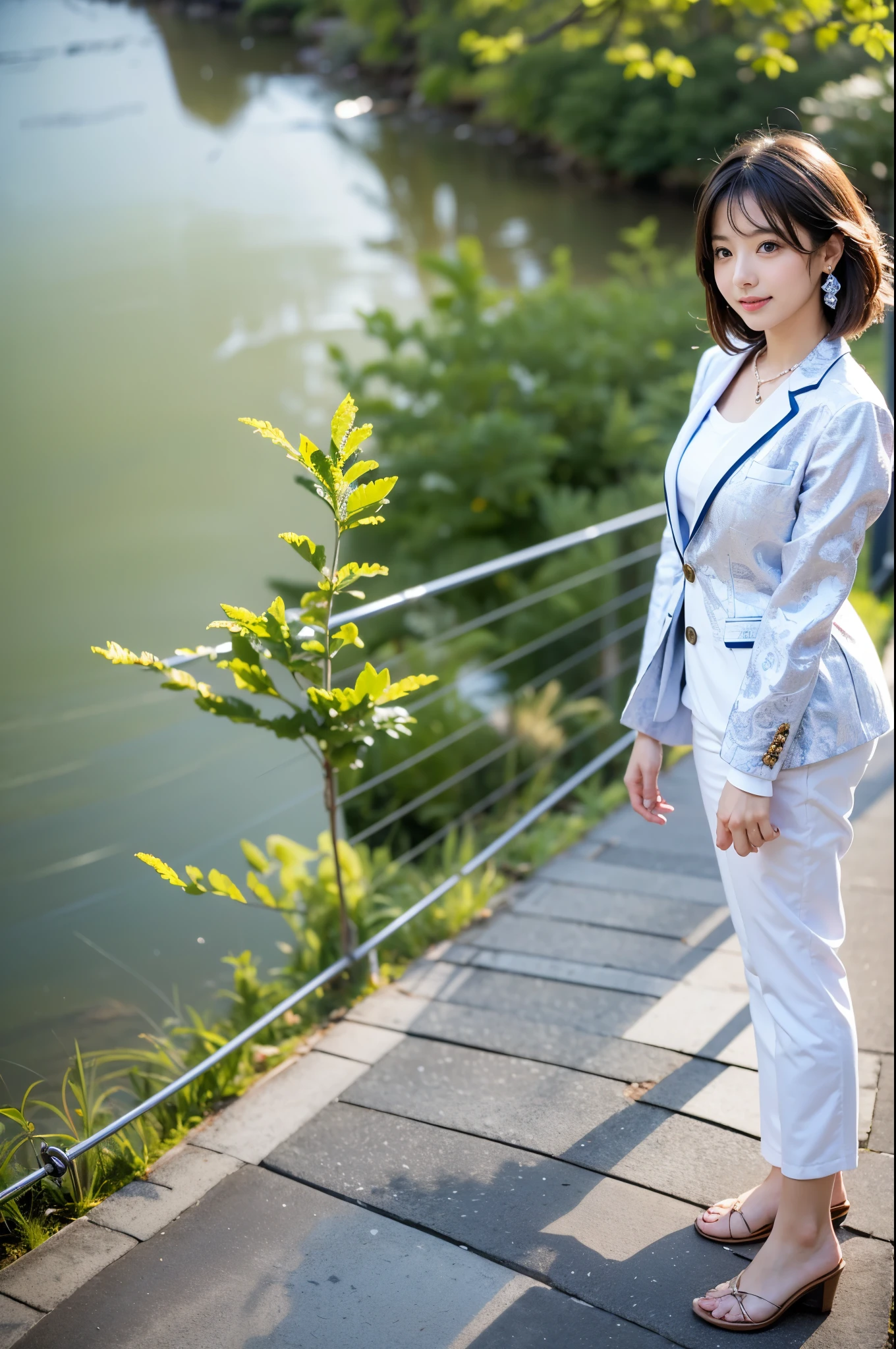 Beautiful Japanese Women Photos, (Highest quality, 8k, 32K, masterpiece, Ultra-high resolution:1.2)
( Wearing a white suit, Damask shirt suit:1.7 ), (Earrings, necklace, bracelet), Riverside road