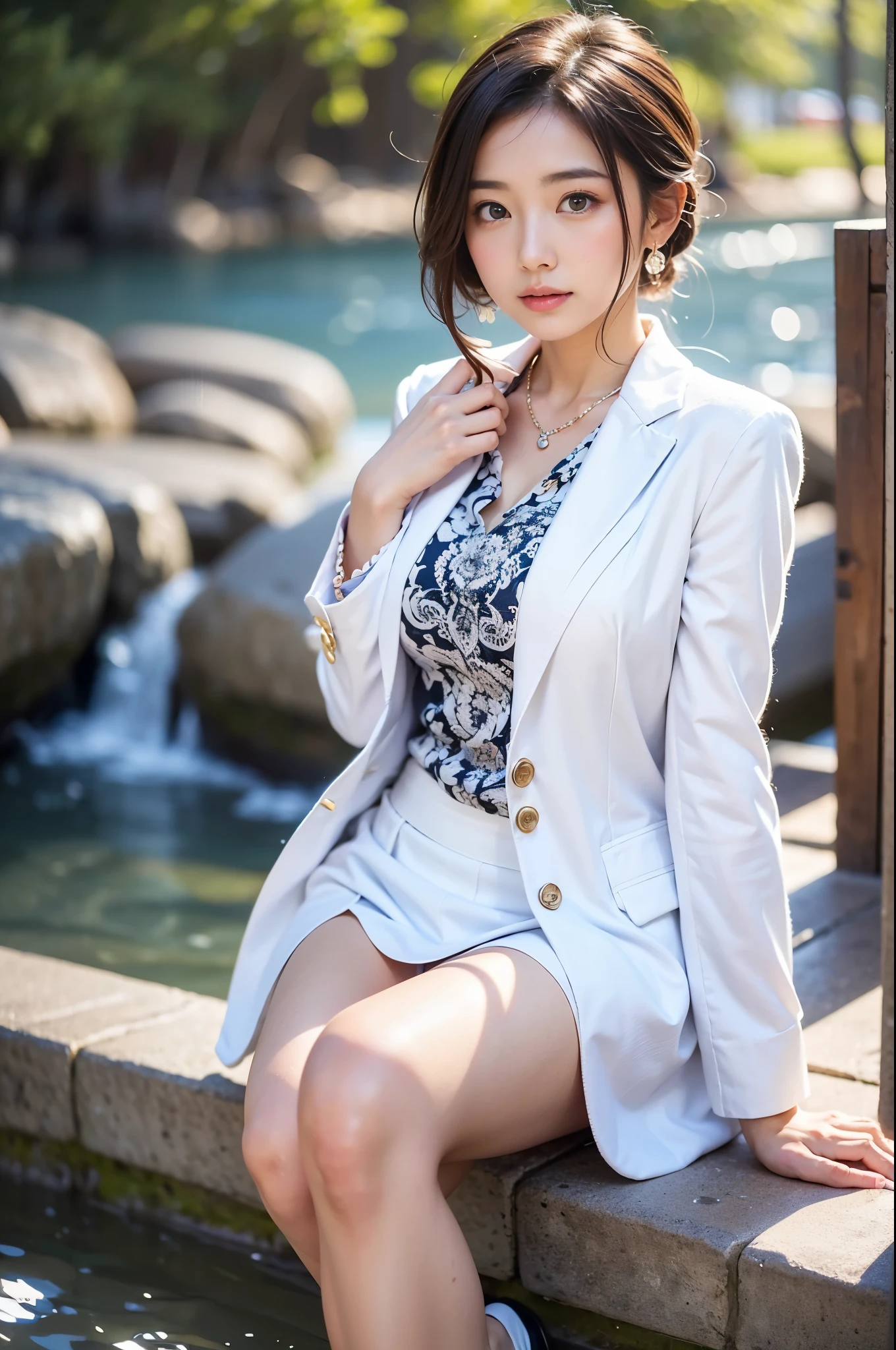 8K, Highest quality, Ultra-high resolution, masterpiece, Realistic, Realistic, High Contrast, Photon Mapping, Realistic, Super detailed, Low - Angle: 1.3, 1 Girl, alone: 1.5, whole body, Flashy makeup, blazer: 1.2, Short skirt: 1.2, silk pantyhose:1.2, High heels, Spread your legs: 1.5, Long brown hair, Wet and see-through ash panties: 1.4, Panties visible from under the skirt: 1.3, expensive, Height: 170cm, Long legs: 1.2, Large Breasts, Beautiful Face: 1.2, The detailed shape of the female genitals is clearly visible: 1.5, pubic hair: 1.3, No pants:1.5、Texture Skin 、(Night Pool、Wind、Starry Sky)