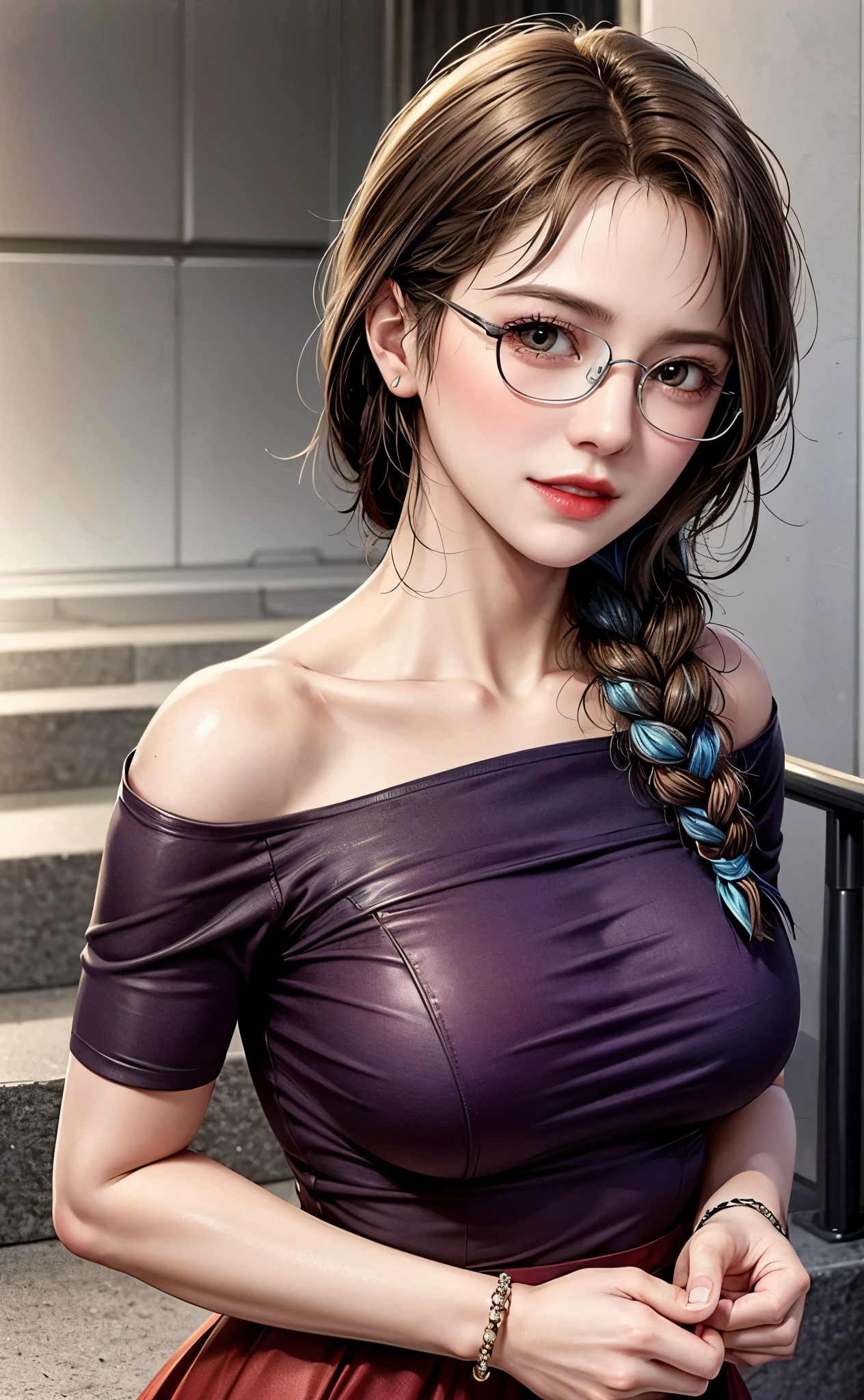 Professional, High level of detail, close up photo (attractive mature 45yo woman:1.3),ray tracing, natural lighting, (blushing:1.1 ), (classy, elegant, dandy)1.2, (purple colour), perfect face, flower  dress with red blazer,  long satin skirt, (((glasses, covered))), big breast, cleveage, Slim Face,(mature) , Pretty Lady,  smile eyes, see full image, bracelet, (at stairs), view from up front, loose hair