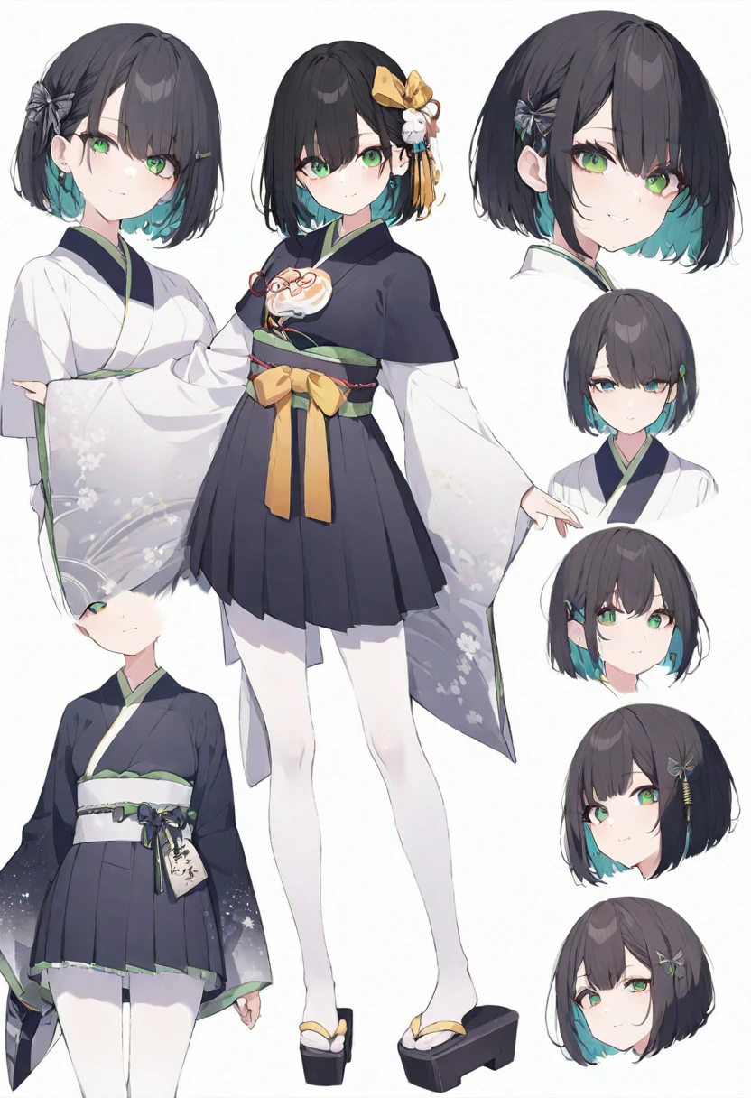 (muste piece), (best quality), (score_9, score_8_up, score_7_up), very detailed eyes, expressive eyes, perfect face, very detailed face, highly detailed face, beautiful girl, 8K, beautiful girl, white background, delicate and beautiful face and eyes, dark intense shadow,
 1 girl, vtuber style, cool girl, multicolored hair, black hair, medium hair, bob cut, hair between eyes, green eyes, Japanese style dress, kimono, long sleeves,wide sleeves, skirt, capelet, white pantyhose, small breast, soft breast, hair ribbon, bowtie, belt with bow, geta, (full body), light smile, standing,