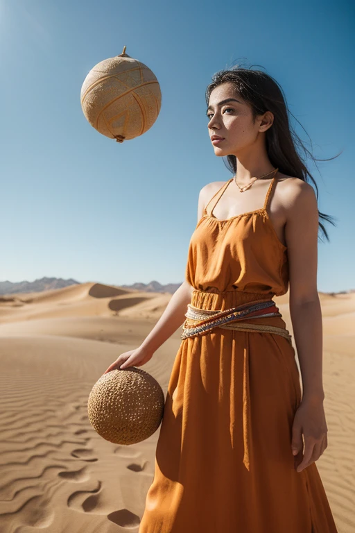 Alafi woman in traditional costume holding a small drum in the desert, a young woman in shamanic costume, a girl holding a sphere, the scenery of the film Silk Road, beautiful youth, portrait shot, ancient princess Lieb, the vanishing line of the desert is below the woman's waist, the sky is clear and transparent.