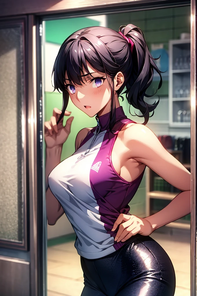 Masterpiece,Highest quality,8k,Ultra-high resolution,The character fits in the frame.,Flawless2Book Arms,Flawless5本の指,Flawless人体,Flawless瞳,((Cowboy Shot)),BREAK,Bright expression,(1 person),(The most beautiful woman),Slim body,((The most extraordinary breasts)),Moisturized Skin,Fair skin,BREAK,((Black Hair)),short hair,Side part,ponytail,BREAK,Thin eyebrows,BREAK,(Light purple eyes),BREAK,(Sportswear),(leggings),BREAK,Embarrassing,((I'm moving my body during training.)),gym,Make eye contact with your audience