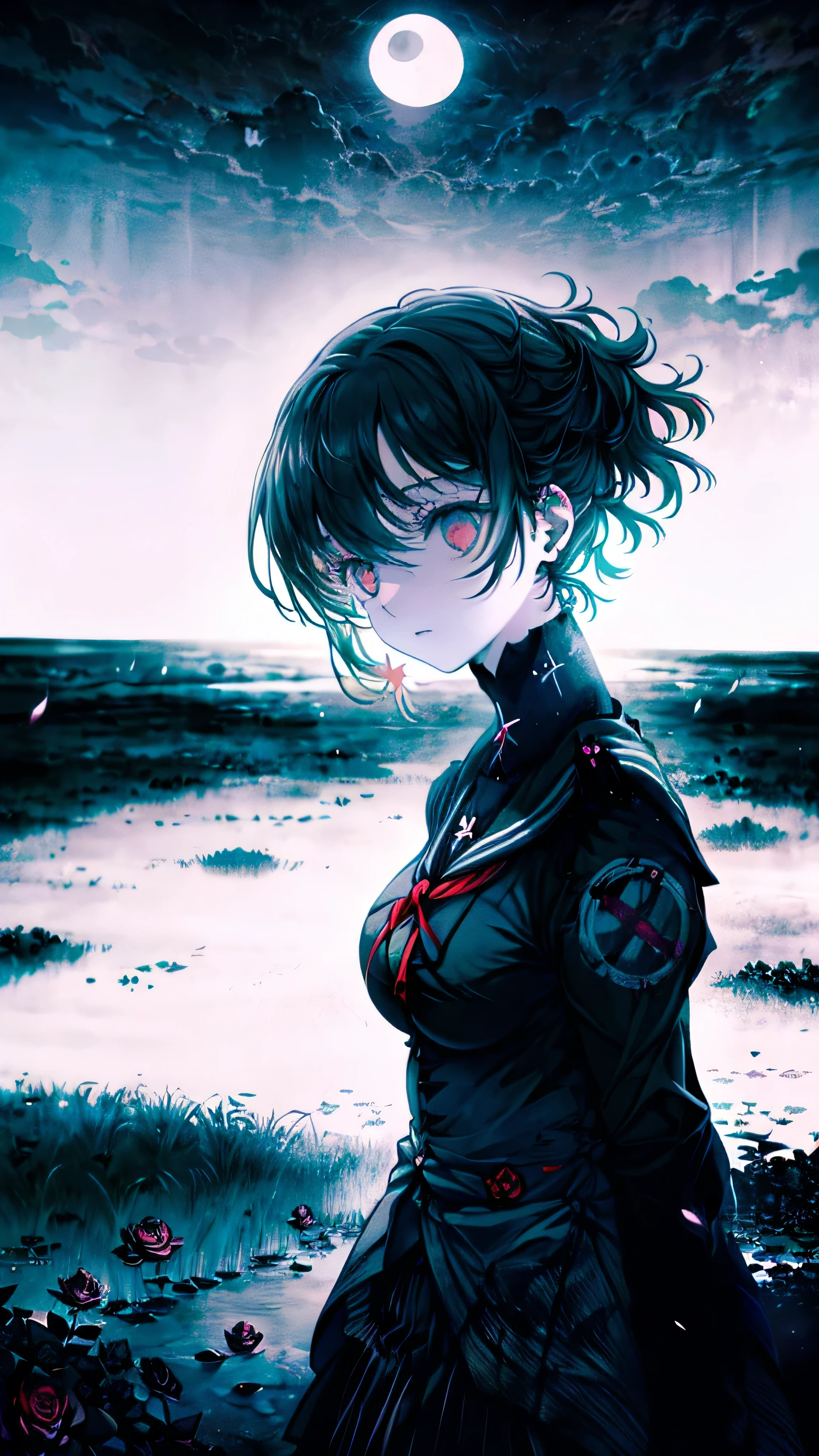 (Kyle Thompson:1.3), anime-style, girl, abandoned park, black roses, death symbol, moonlight, depth, shallow focus, cross shadow, photorealistic, contrast, synthesis, medium difference, dramatic, symbolic, eerie, night, moonlit, mysterious, dark, ethereal, haunting, surreal, atmospheric, artistic.