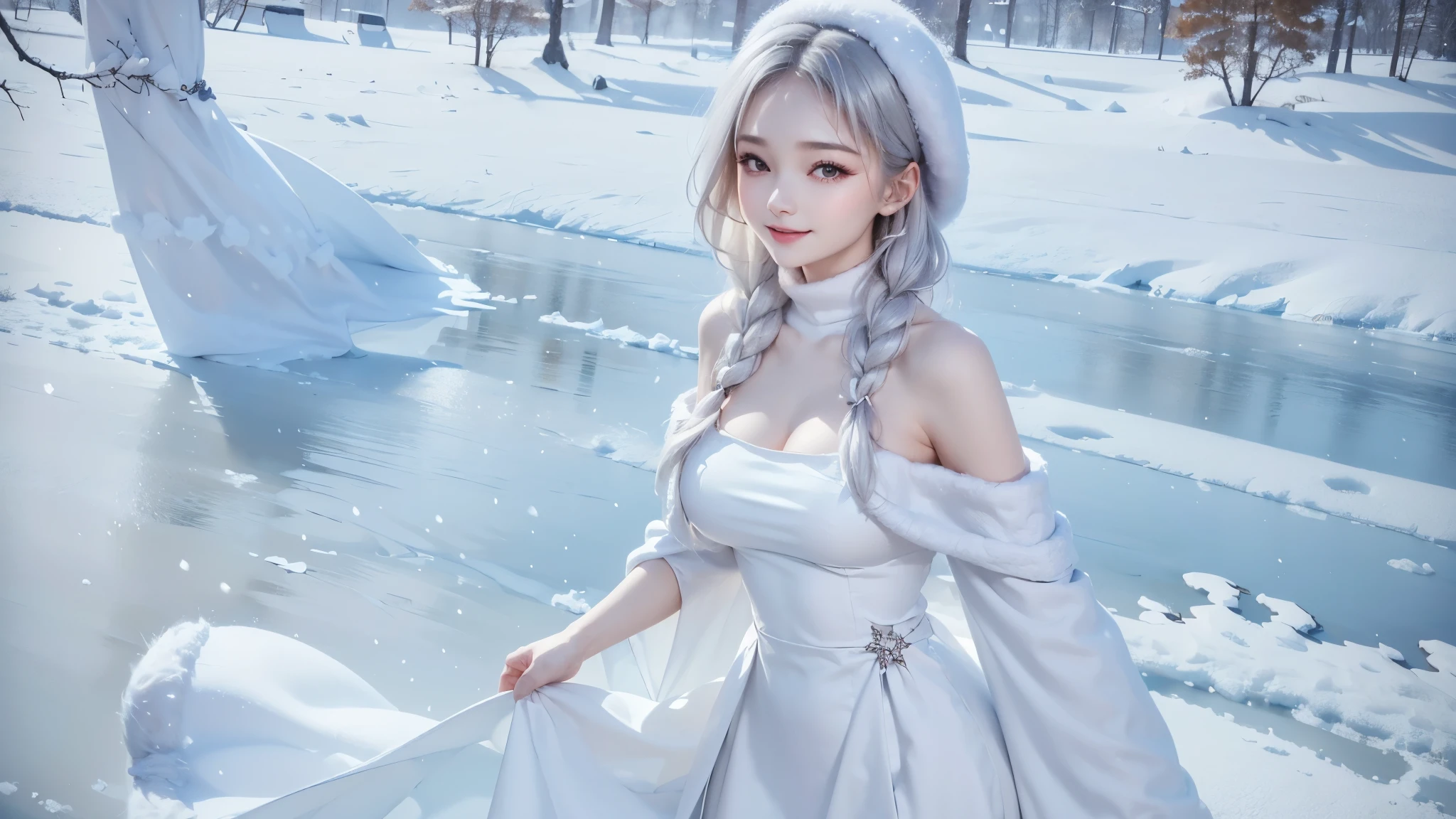 (close-up image) masterpiece、Highest quality、1 girl, winter, silver hair, Cute girl, smile, close mouse, large breasts, sideboob:1.4, white dress, off shoulder winter clothes, long skirt, Fur coat、Small waist、Thin legs、outdoors, front of the lake, snow falling, Prayer Pose, join hands, from front
