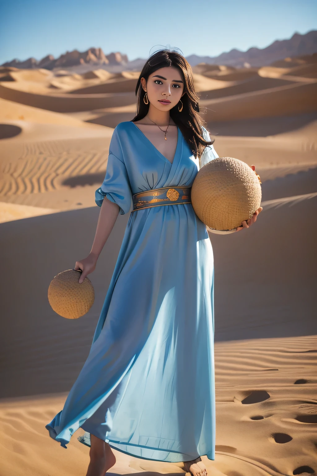 Alafi woman in traditional costume holding a small drum in the desert, a young woman in shamanic costume, a girl holding a sphere, the scenery of the film Silk Road, beautiful youth, portrait shot, ancient princess Lieb, the vanishing line of the desert is below the woman's waist, the sky is clear and transparent.
