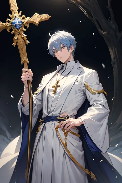 30-year-old priest have short, messy silver-blue hair and eyes of the same color. He is a tall and muscular man, wearing a Holy Knight's robe with a cross on his chest, wearing a golden crucifix necklace and holding it. a spear in his hand