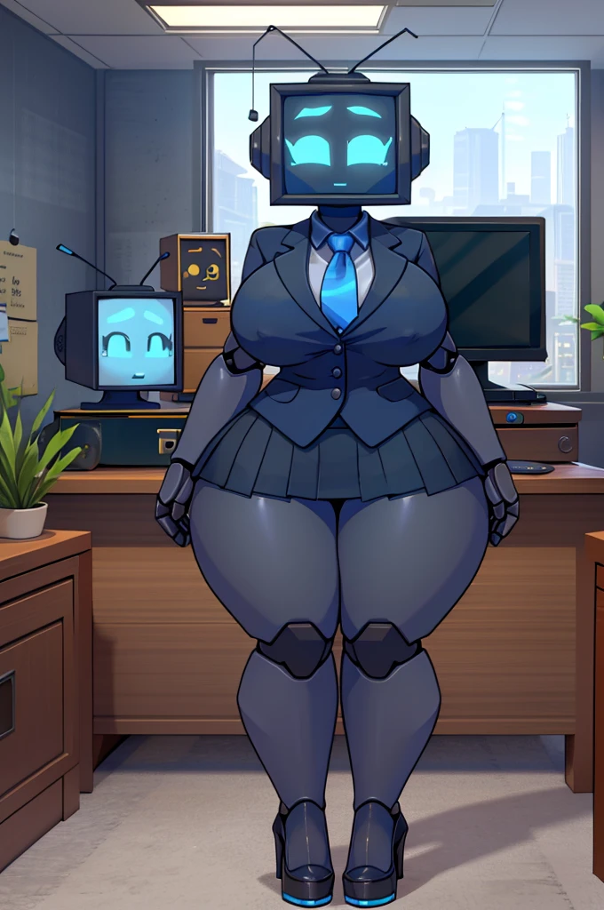 (masterpiece) (high Res), (robot), (Perfect face), (perfect anatomy) Television Head, woman in super tight clothes, (office suit), (mini skirt), shirt, tie, blue glowing eyes, huge breast, narrow waist, wide hips, thick thighs, Brown skin, metal body, black high heels, (TV Head), (tv girl), (Television Head), (cute artstyle), ((((solo)))), ((((alone))))