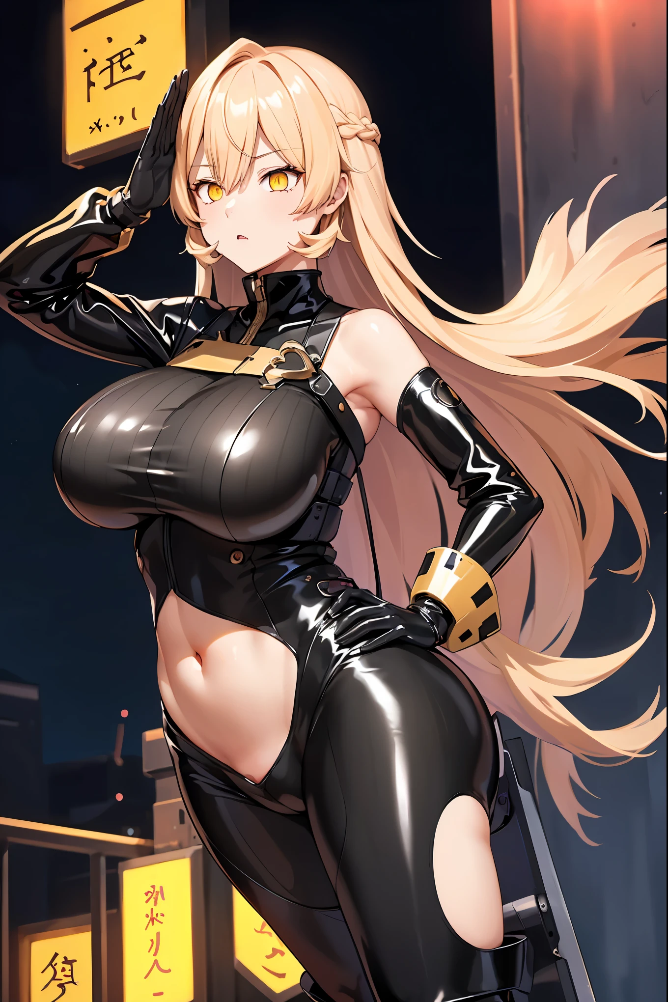 {1girl in},{{{{{masutepiece++, Best Quality++, Ultra-detailed+, 超A high resolution,(Photorealistic:1.4)Cowboy Shot,aanui, long hair, blonde hair, hair between eyes, yellow eyes, ((Girl in black latex full body suit 1.4)),very aesthetic, Best Quality, absurderes, 1girl in, Brainwashed,}}}} ((glowing eyes)), (huge breasted), The shape of  is clearly visible、(The shape of the pubic area is clearly visible))deadpan, laboratory, Darkness Room, (Neon light:1.2), (Night:1.5), stand up and salute