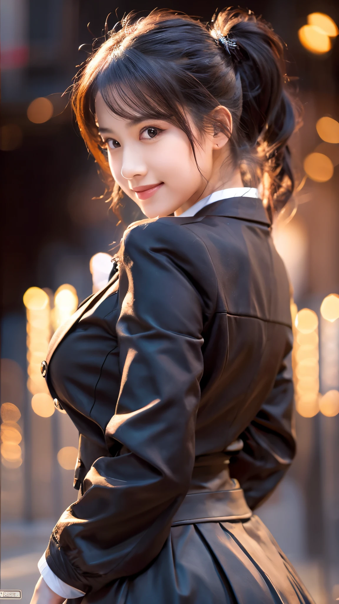 (highest quality,masterpiece:1.3,ultra high resolution),(Super detailed,caustics,8k),(photorealistic:1.4,RAW shooting),1 girl,(smile and look down at the camera),(front shot:1.1),(face forward),18-year-old,cute,Japanese,black short ponytail,school uniform,glamorous,(big boobs),( close up),(breast focus),street,sunshine,Natural light,(Backlight),(A bright light shines from behind),(Lens flare),professional writing,(cowboy shot),(low position:1.3),(Low - Angle:1.3)