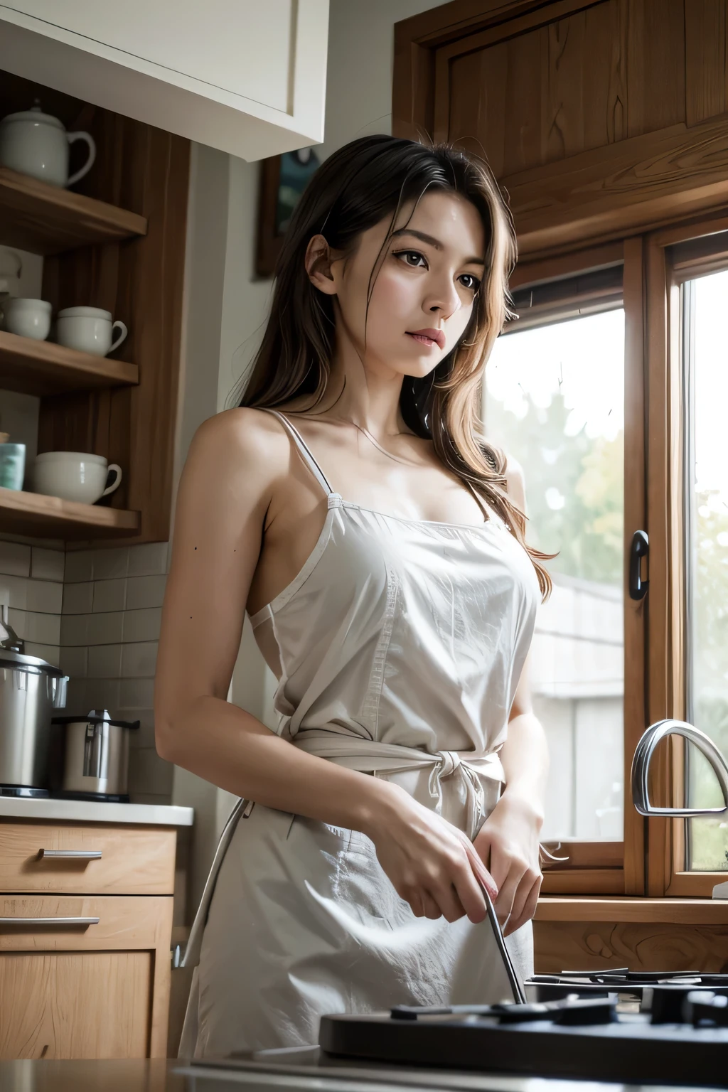 araffe woman in apron preparing food in kitchen with white cabinets, 2 7 years old, 2 8 years old, 2 9 years old, 2 2 years old, 2 3 years old, 21 years old, in the kitchen, wearing white camisole, with short hair, malaysian, 2 4 years old, 3 2 years old, korean girl