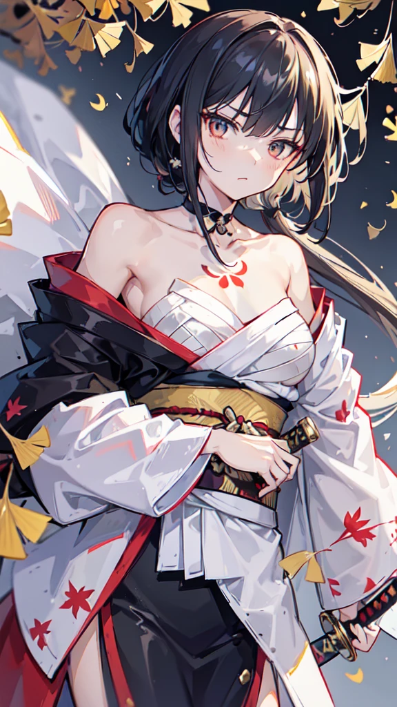 (((((roll up bandage sideways on a chest tightly to cover the chest without gaps))))), (((bandage samweways))),, ((Japanese Gangster BOSS)), adult woman with the dignified presence, Killing Qi, wear nothing around shoulder, wear nothing around neck, wear the kimono, wear it below the waist, I wind it up to control it, and to attach it, ((kimono come off)) ,wear the kimono multiple times, Bare shoulders and the clavicle, black and gold kimono, put on over jacket of kimono, (((holding a japanese sword, The handle of the sword, long sword))), low angle, whole body, anime character, Glaring, off sholder, Excellent, can see both shoulder, long kimono hem, small face, big tattoo on the arm,muscular,drink sake, The kimono is spreading,ultra-detailed,super beautiful,Masterpiece,Killing Qi,Intimidation,zoom up, a person,Selfish person,Ginkgo biloba pattern,Under the trees with autumn leaves,tall