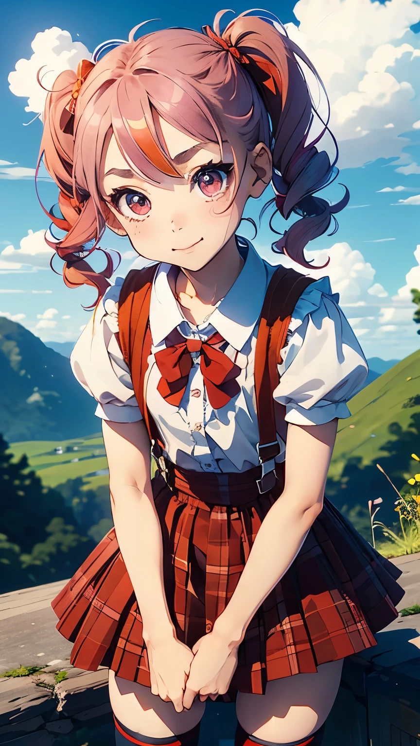 Very cute, rainbow-colored pigtails, round eyes, short eyebrows, short eyelashes, slightly upturned lips, small red tartan check one-piece skirt with shoulder straps, white zettai ryoiki knee-high socks, zettai ryoiki, sunny weather, blue sky, country road, smirk, cheerful,