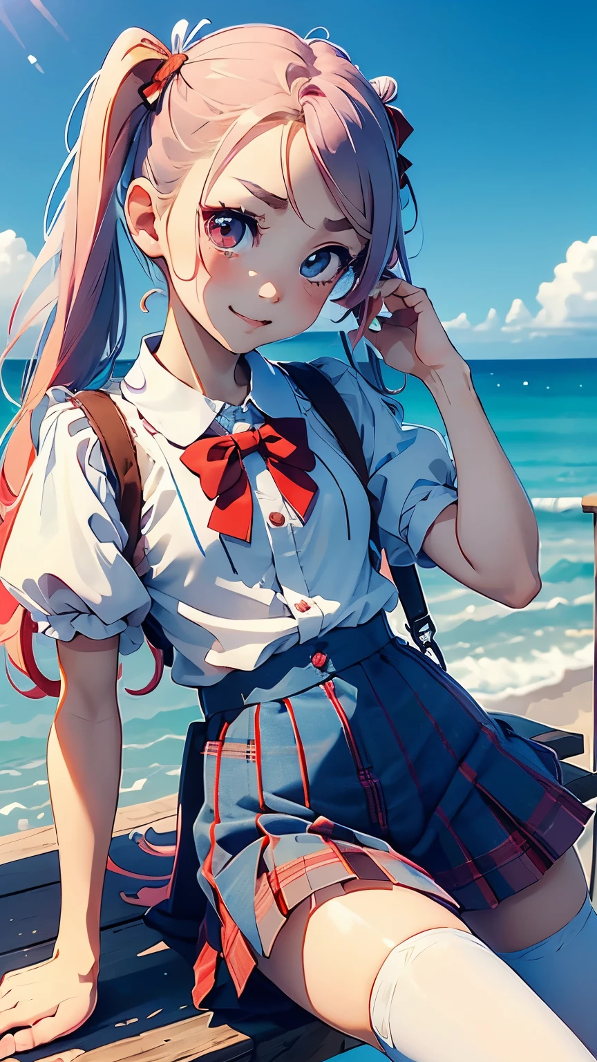 Very cute, rainbow-colored pigtails, round eyes, short eyebrows, short eyelashes, slightly upturned lips, small red tartan check one-piece skirt with shoulder straps, white zettai ryoiki knee-high socks, zettai ryoiki, sunny weather, blue sky, country road, smirk, cheerful,