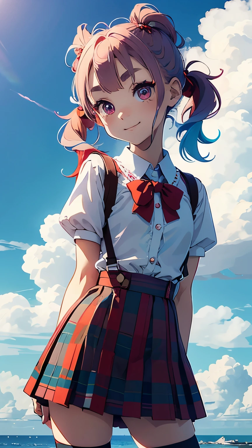 Very cute, rainbow-colored pigtails, round eyes, short eyebrows, short eyelashes, slightly upturned lips, small red tartan check one-piece skirt with shoulder straps, white zettai ryoiki knee-high socks, zettai ryoiki, sunny weather, blue sky, country road, smirk, cheerful,