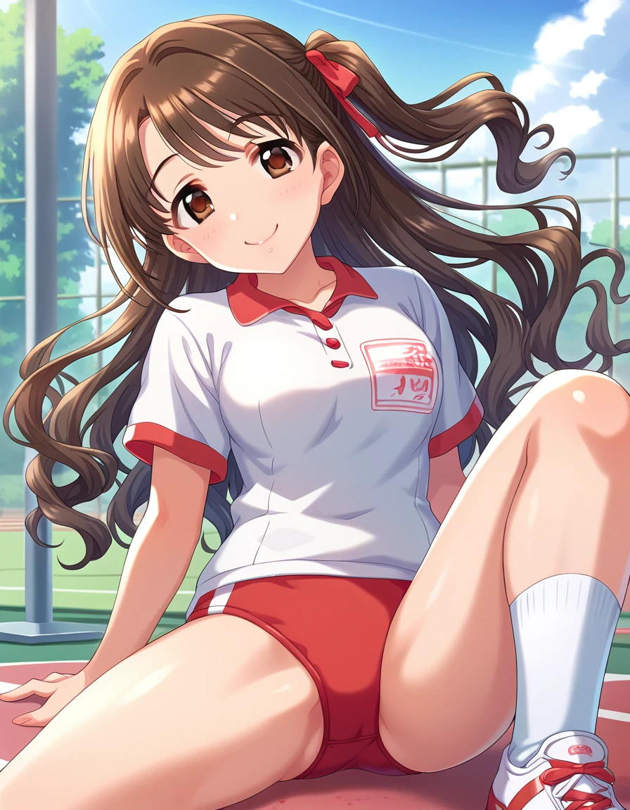 score_9, score_8_superior, score_7_superior, sauce_anime,
evaluation_Sensitive, Sexually suggestive,
One person, alone, smile, Joyful, 
Outdoor, Sunbeam,
 sorry, Long Hair, Brown Hair, Wavy Hair,  one side superior,  Hair Ribbon, Brown eyes, Medium chest, 
Gym suit, White gym shirt, Untucked shirt,  red buruma, socks, sneakers, Thighs, 
Detailed eyes, Eye Reflexes,