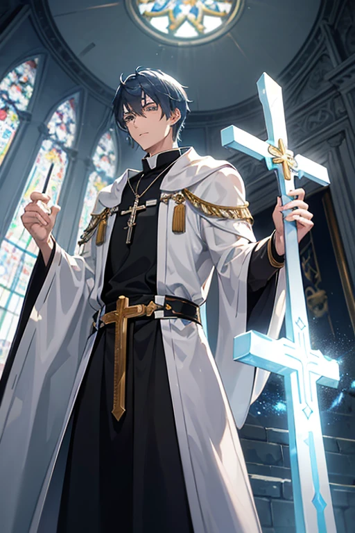 30-year-old priest have short, messy silver-blue hair and eyes of the same color. He is a tall and muscular man, wearing a Holy Knight's robe with a cross on his chest, wearing a golden crucifix necklace and holding it. a spear in his hand