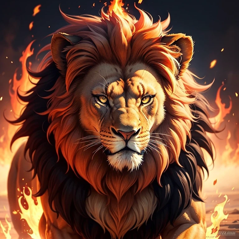 aggressive fire lion, epic, fiery lion, mythical being, majestic fire lion
