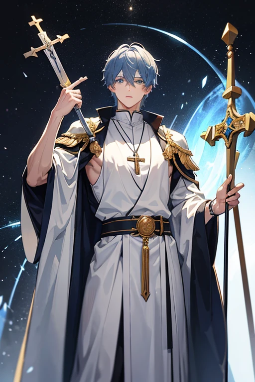 30-year-old priest have short, messy silver-blue hair and eyes of the same color. He is a tall and muscular man, wearing a Holy Knight's robe with a cross on his chest, wearing a golden crucifix necklace and holding it. a spear in his hand
